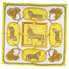 HERMES Grand Apparat 90 Twill Scarf White/Yellow silk