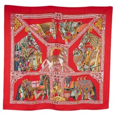 HERMES La Danse du Cheval Marwari 90 Twill Scarf Red silk