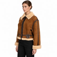 Hermès 2005 Belted Shearling Suede Aviator Jacket Brown/Beige 44 XL