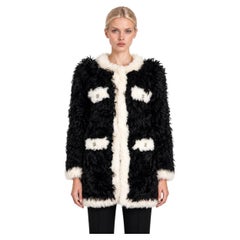 Chanel 2021 Contrast Trim Shearling Fur Coat Black/White 42 L