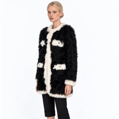 Chanel 2021 Contrast Trim Shearling Fur Coat Black/White 42 L