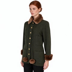 Chanel Boutique 1989 Fur Trim Tweed Jacket Loden Green M