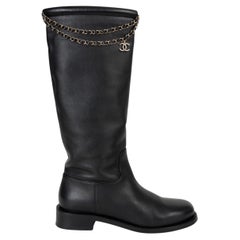 Chanel 2025 Chain Detailed Leather Riding Boots Black 39