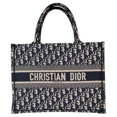 Christian Dior Medium Book Tote Ecru Blue Oblique Embroidery