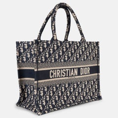 Christian Dior Medium Book Tote Ecru Blue Oblique Embroidery