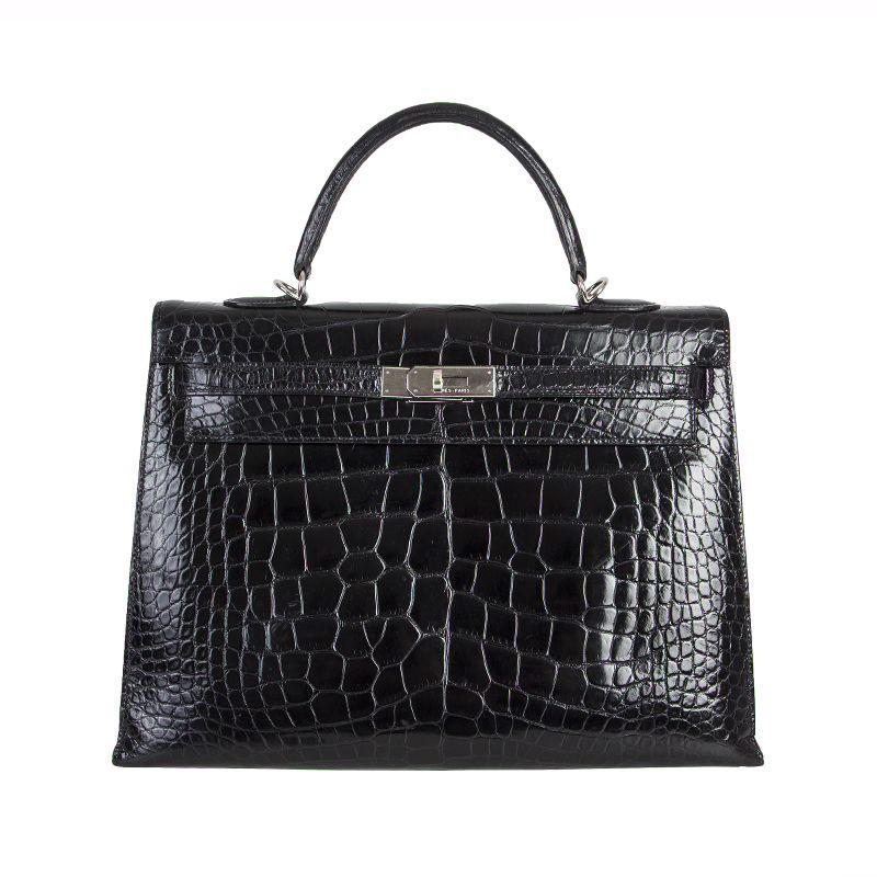 HERMES black Alligator Crocodile KELLY II 35 SELLIER Bag