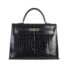 HERMES noir Alligator Crocodile KELLY II 35 SELLIER Sac