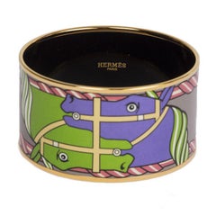 HERMES green & purple enamel XL QUADRIGE Bangle Bracelet