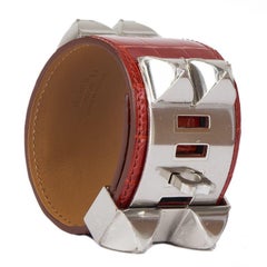 HERMES Sanguine red CROCODILE & Palladium COLLIER DE CHIEN Cuff Bracelet
