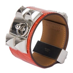 Used HERMES Rouge Indien red CROCODILE & Palladium COLLIER DE CHIEN Cuff Bracelet