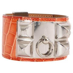 HERMES Rouge Indien red CROCODILE & Palladium COLLIER DE CHIEN Cuff Bracelet