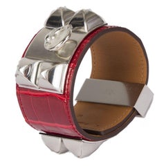 HERMES Rouge Braise red CROCODILE & Palladium COLLIER DE CHIEN Cuff Bracelet