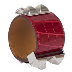 HERMES Rouge Braise rotes KROKODIL & Palladium COLLIER DE CHIEN Armreif