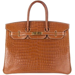 HERMES Fauve cognac MATTE POROSUS CROCODILE & Gold BIRKIN 35 Tasche