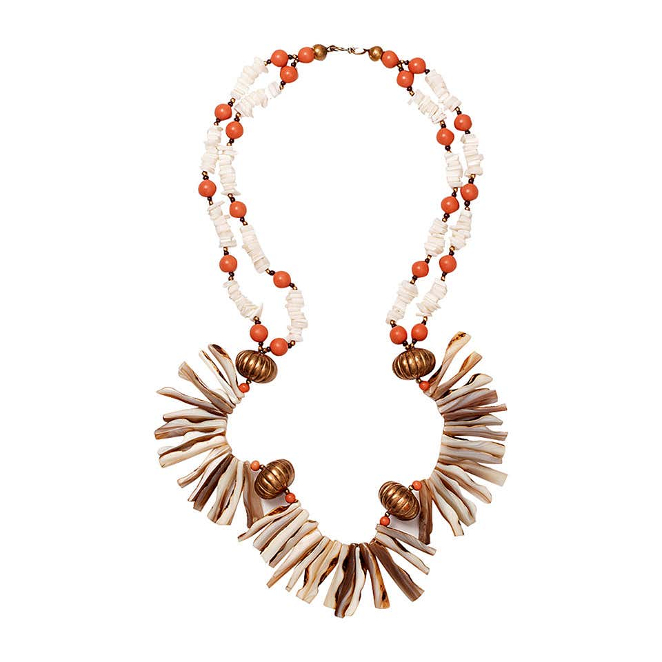 Miriam Haskell Mother of Pearl and Faux Coral Necklace For Sale at 1stDibs