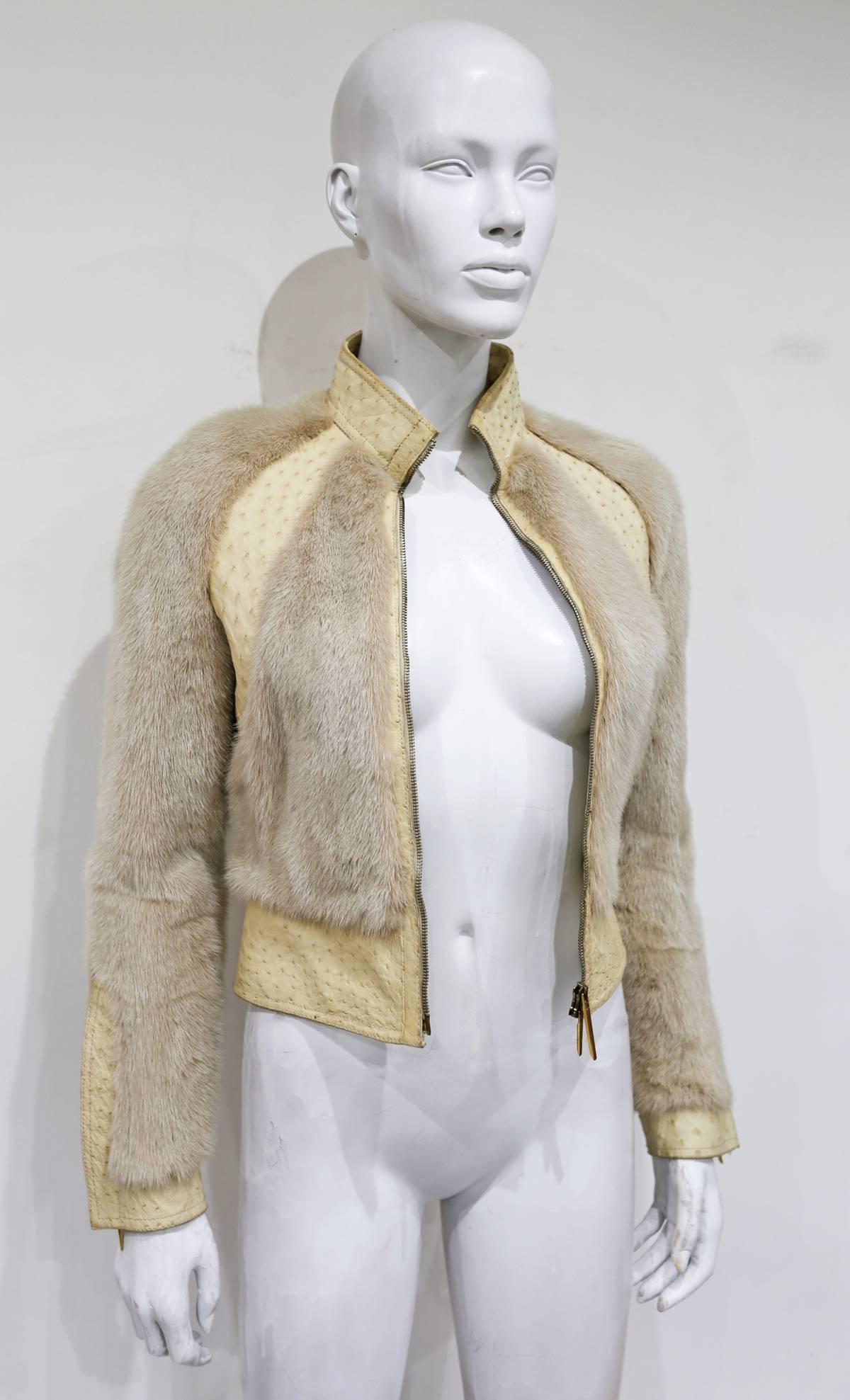 A Gucci Ostrich and Mink fur jacket from the Autumn - Winter 2000 - 2001 season. The jacket was designed by Tom Ford, only one was made as it was a sample for the runway show. 

Sample Size - XS - Fr 34 / It 38
