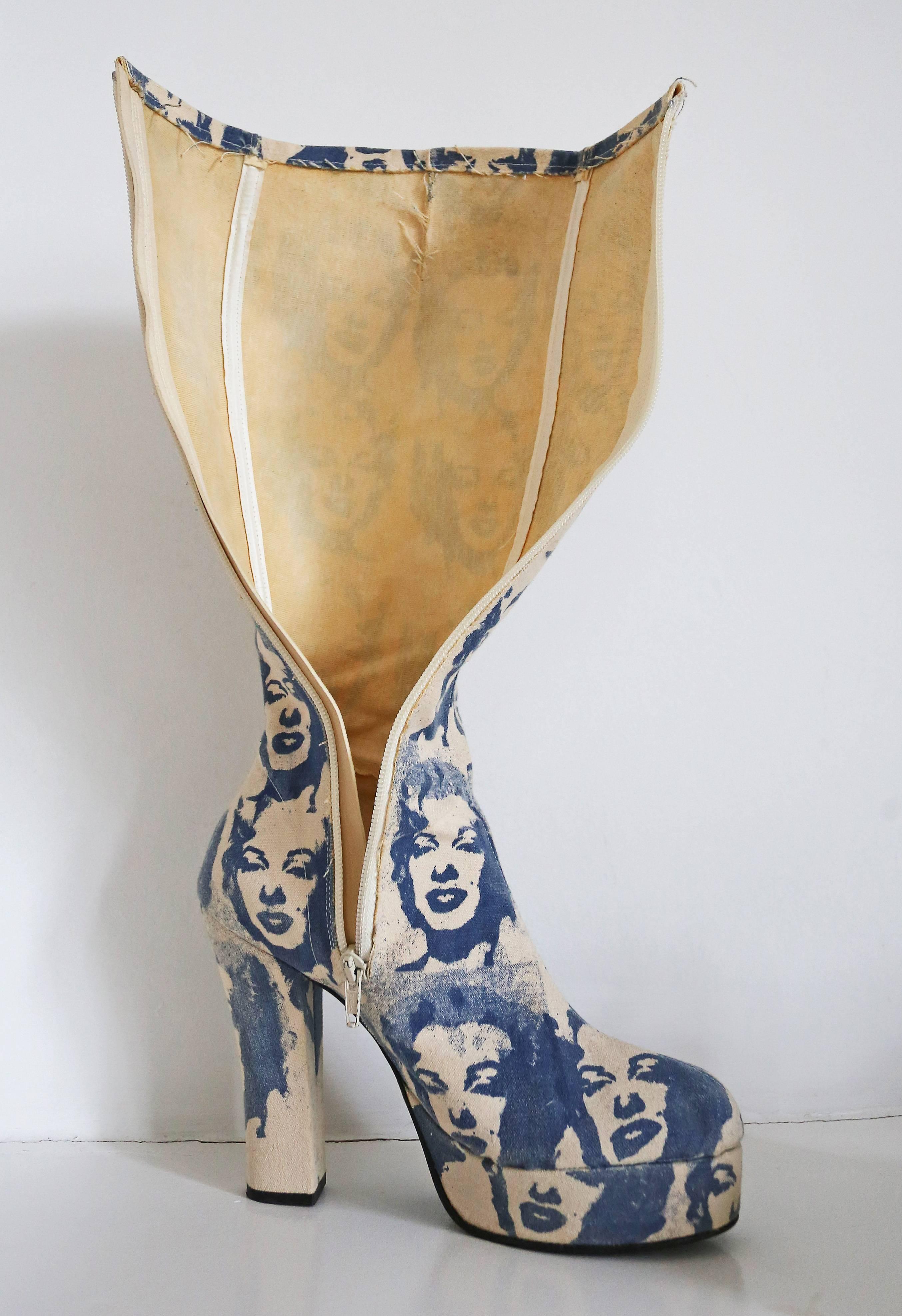 Gray Platform boots with screen printed Andy Warhol Marilyn Diptych print, c. 1960s