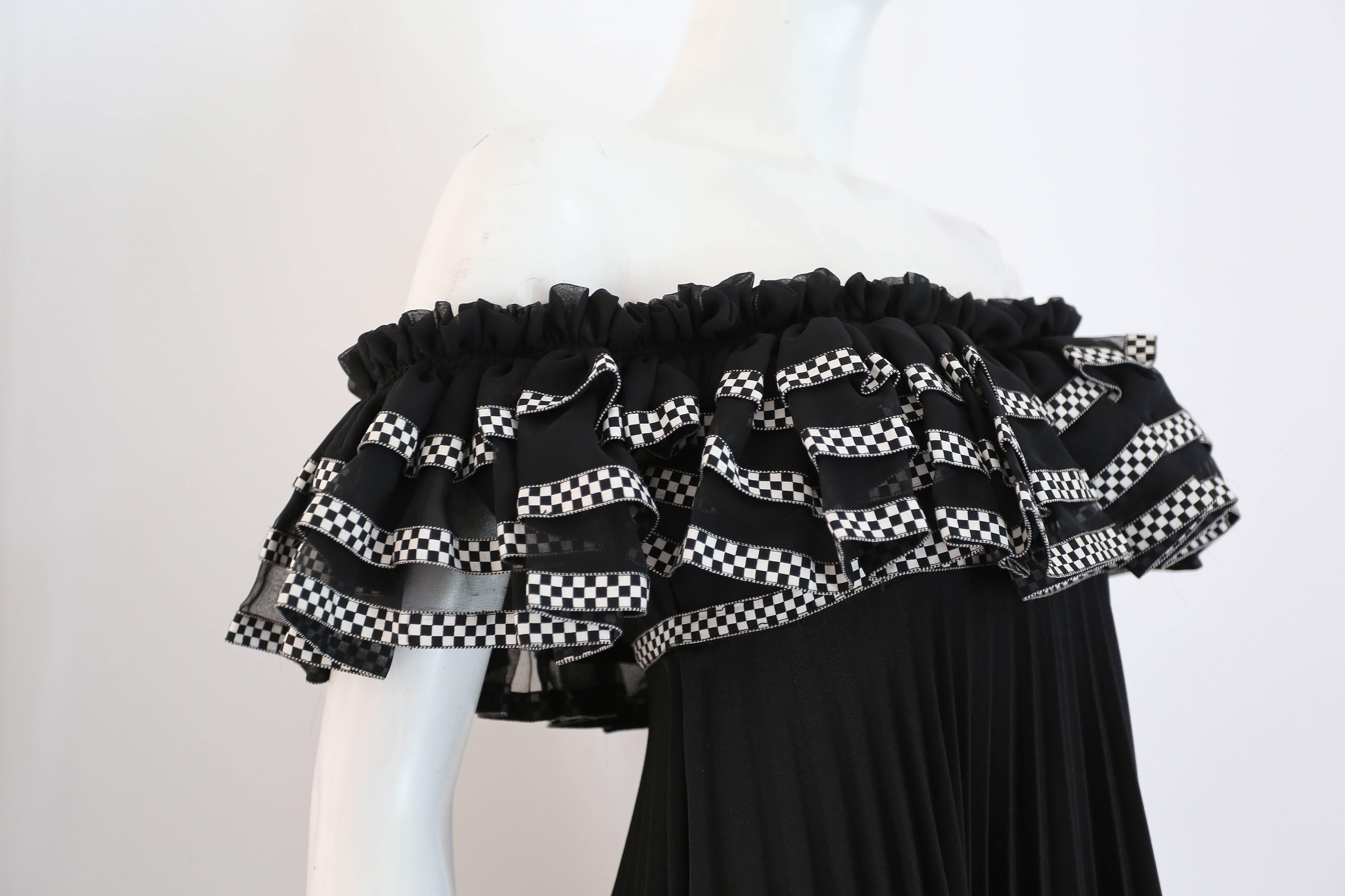 Black Jean Varon off the shoulder pleated empire evening gown, c. 1970s