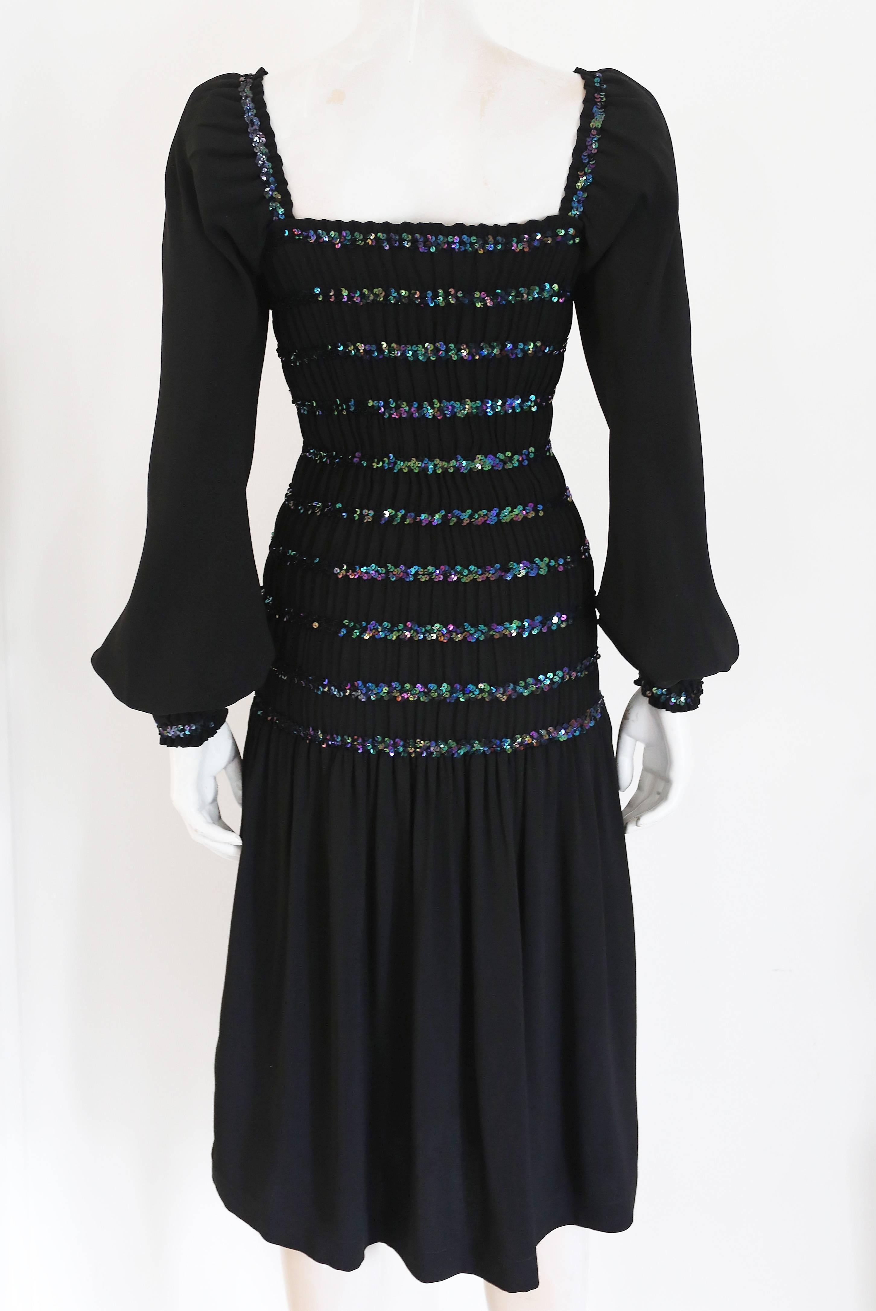 Yves Saint Laurent smocked black evening dress with sequins, c. 1976-77 In Excellent Condition In London, GB