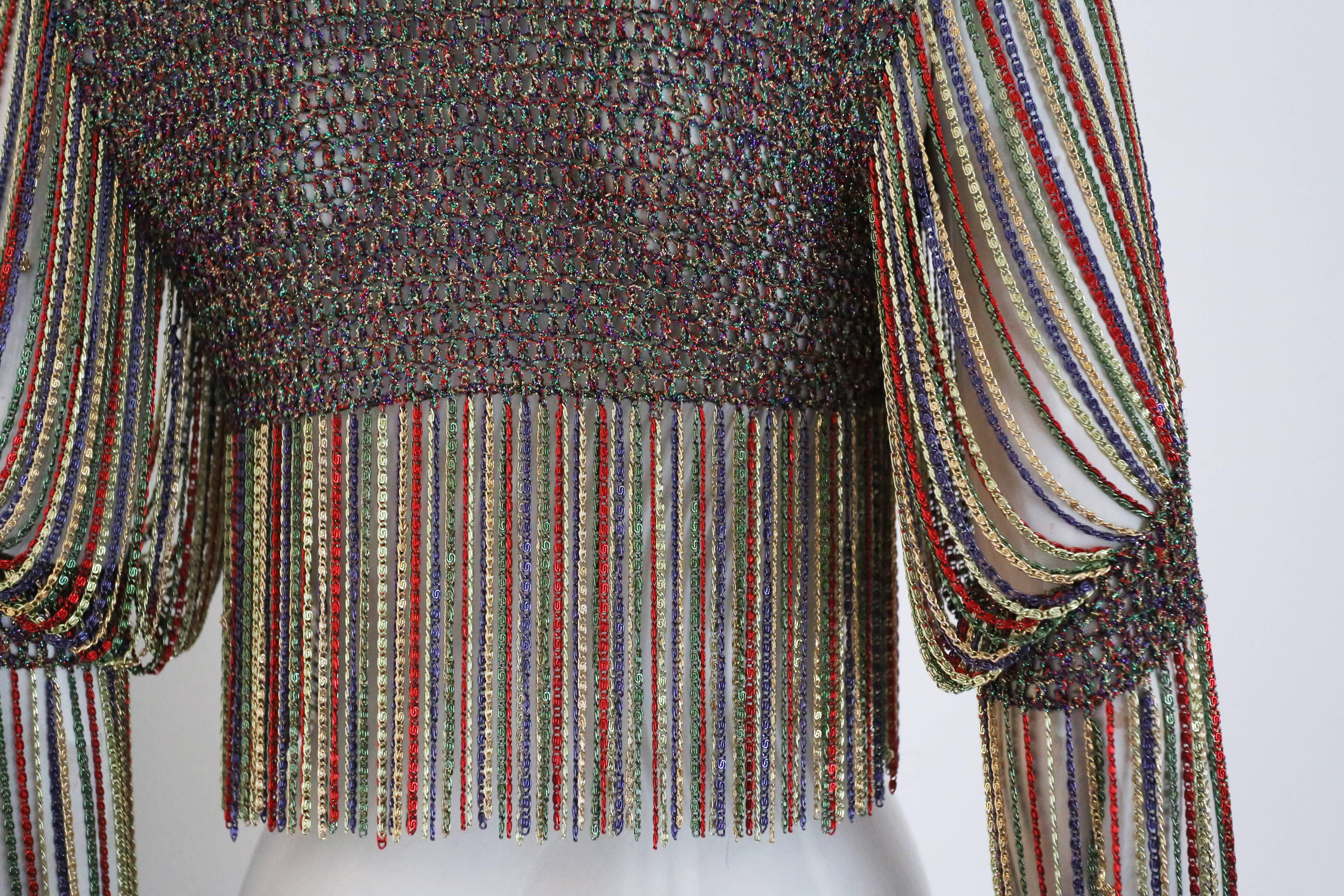 Loris Azzaro knitted cropped cardigan with chain mail sleeves and trim, c. 1970s In Excellent Condition In London, GB