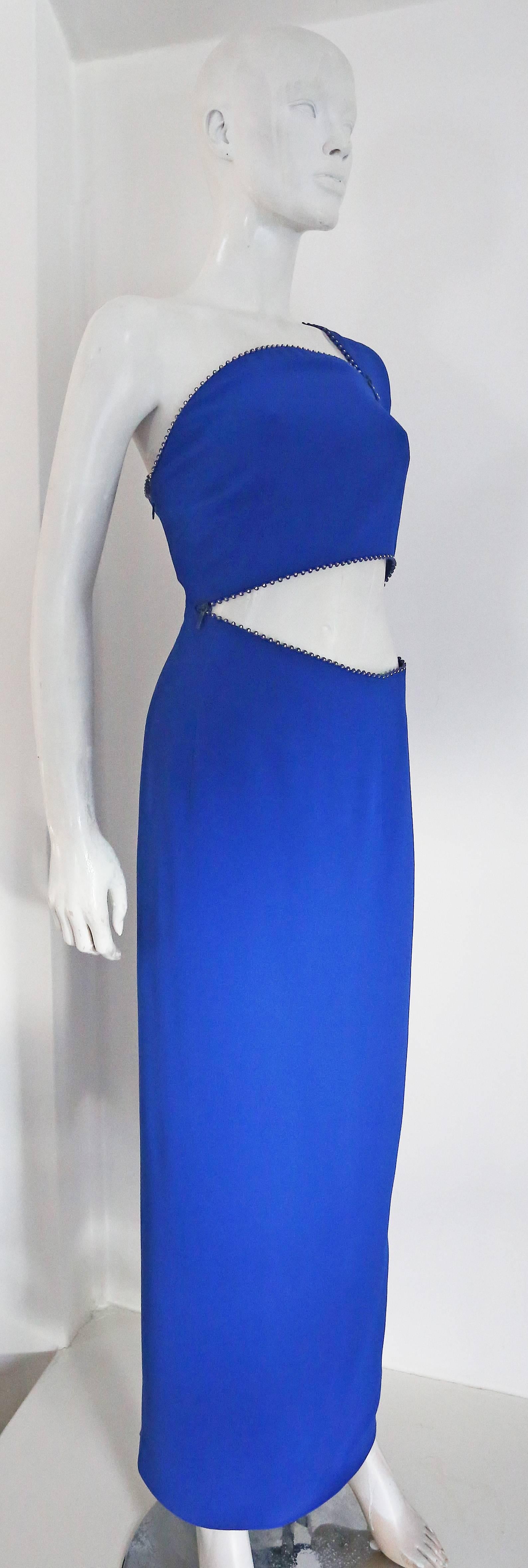 Blue Krizia asymmetric evening dress with zip cut outs, c. 1970s