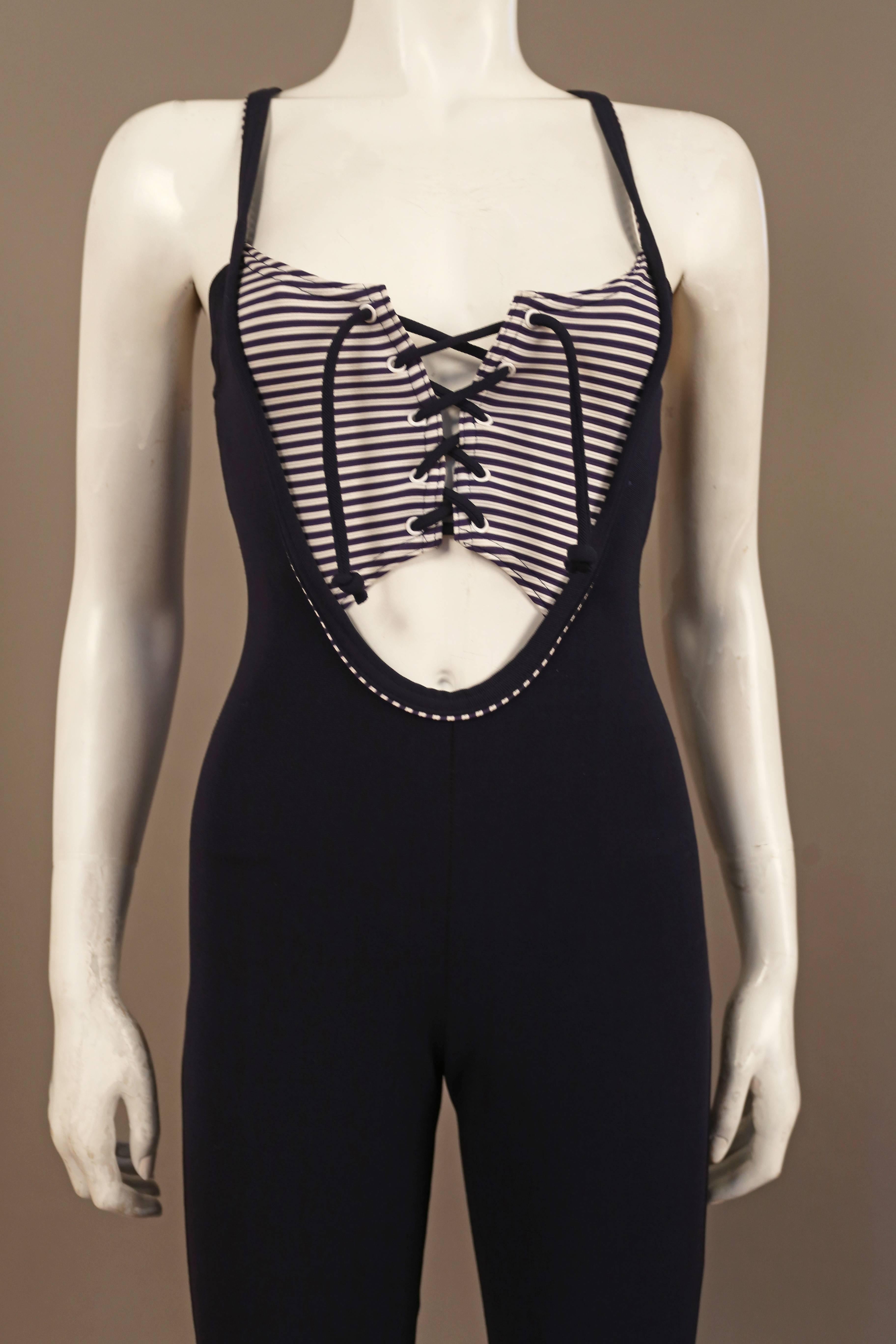 Black Marine blue jumpsuit with cut out and lace up bra, C. 1970