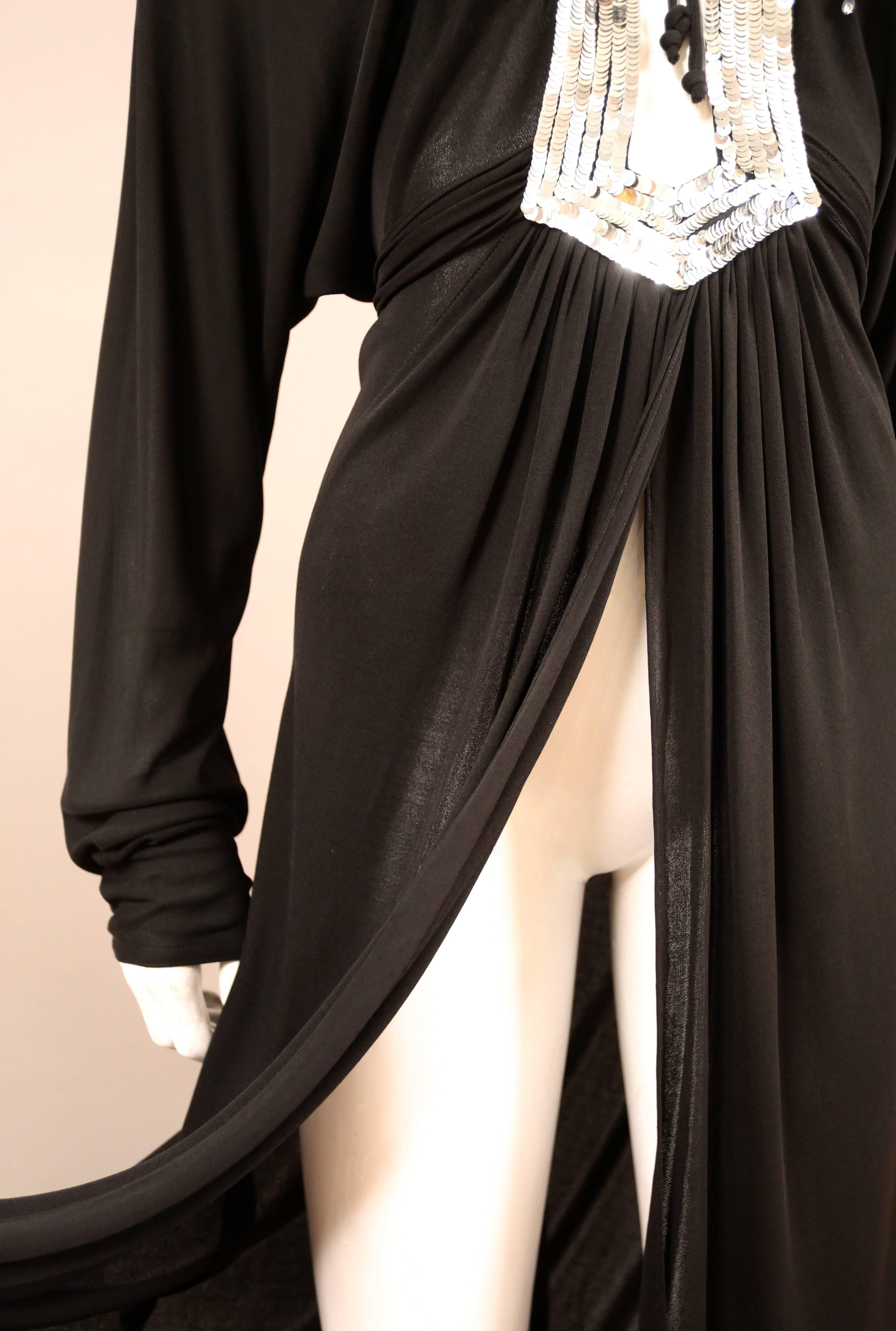 Black Ossie Clark black jersey sequinned evening wrap dress with train, C. 1978