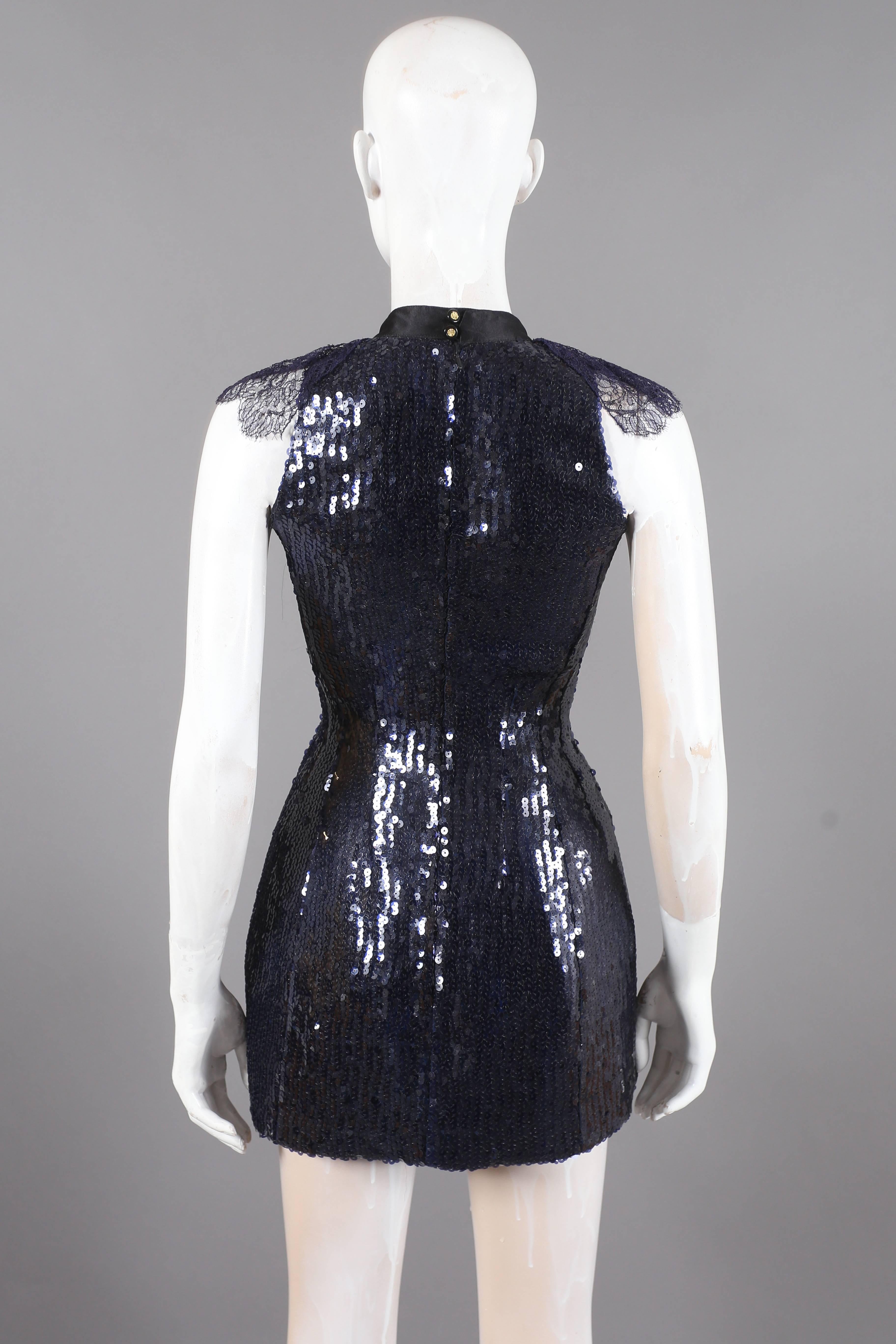 Chanel navy blue sequinned mini dress with lace collar and satin bow, C. 1987 In Excellent Condition In London, GB