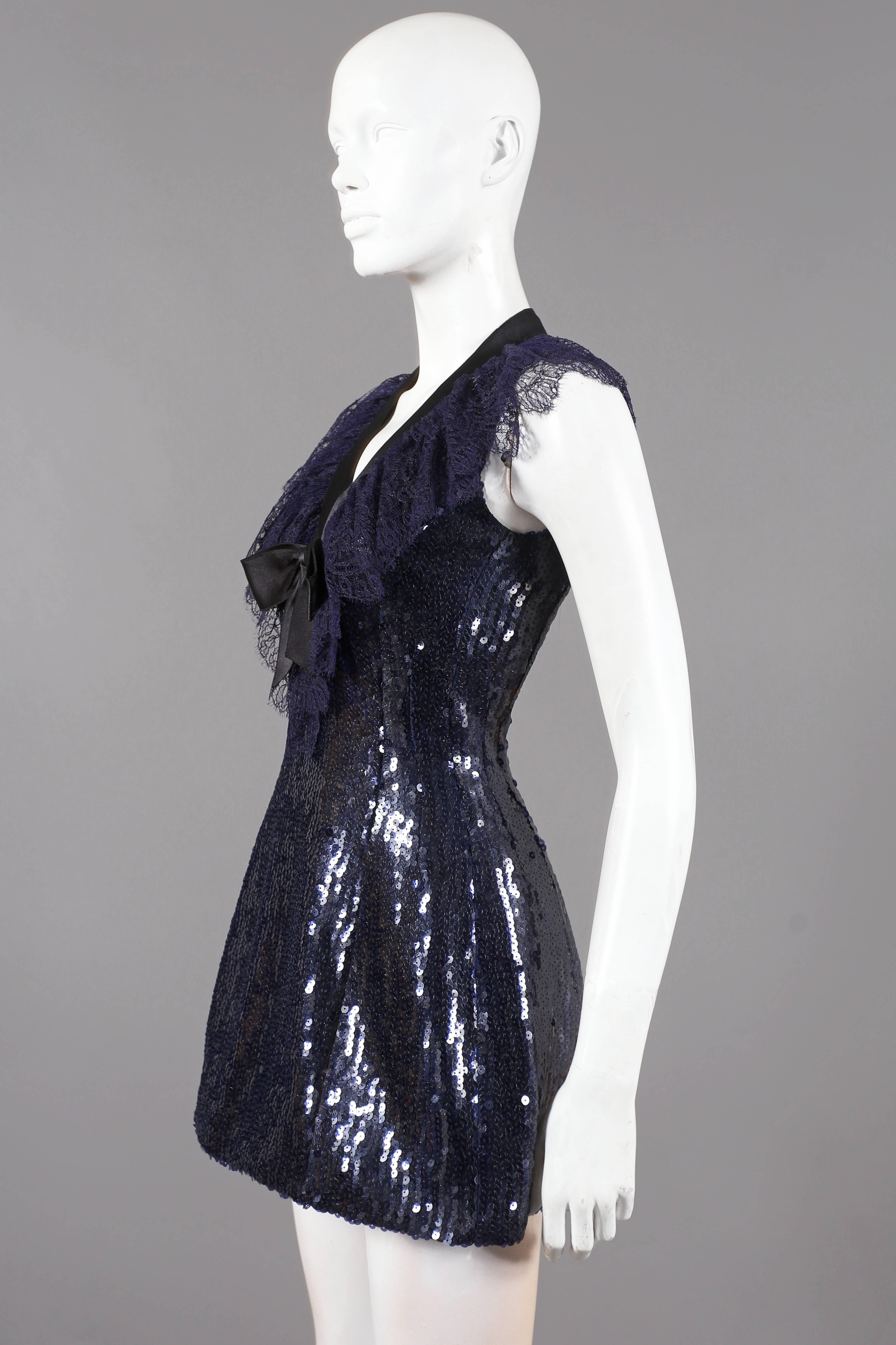 Black Chanel navy blue sequinned mini dress with lace collar and satin bow, C. 1987