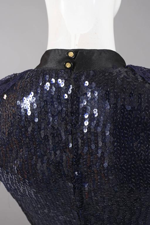Chanel navy blue sequinned mini dress with lace collar and satin bow, C.  1987