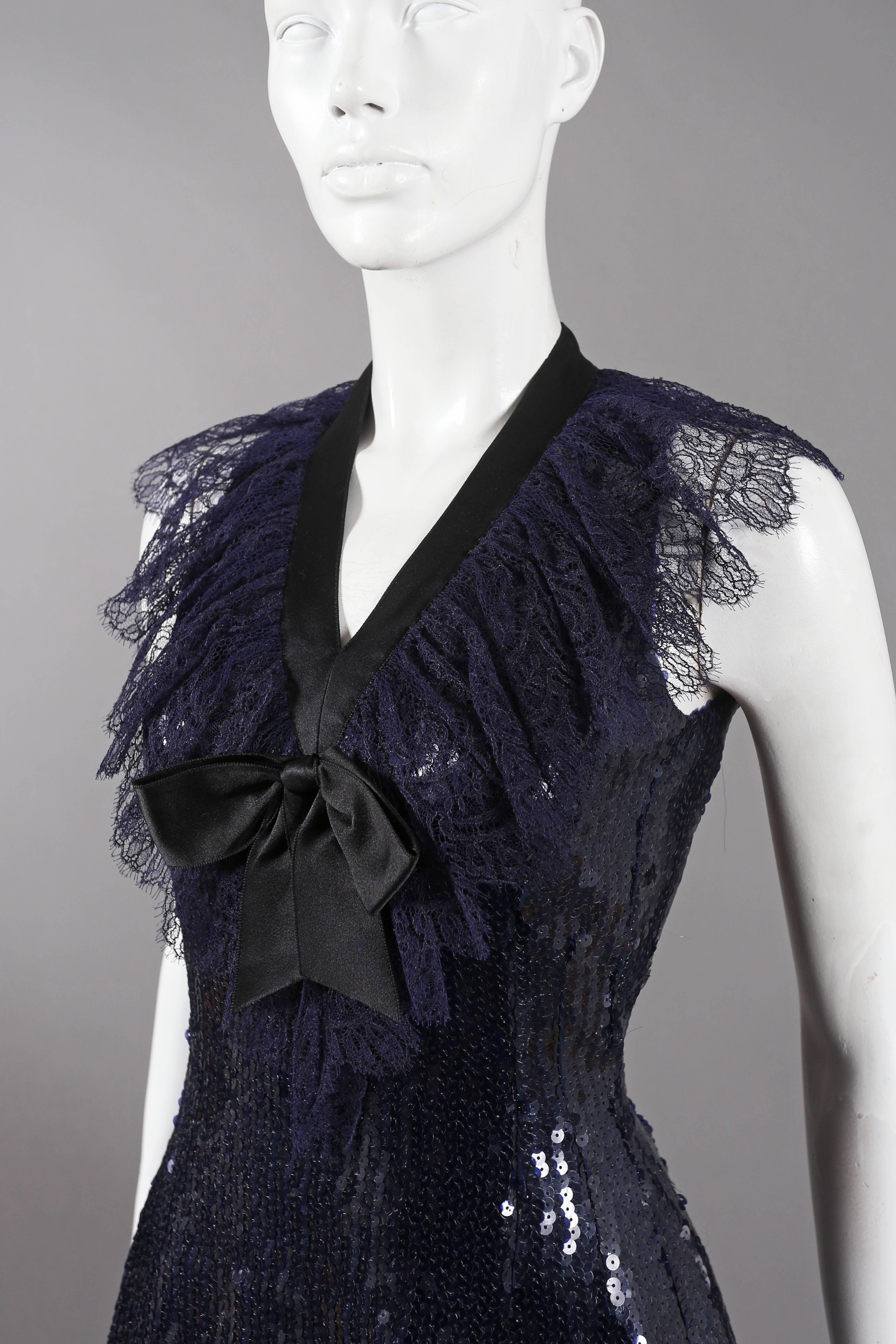 Women's Chanel navy blue sequinned mini dress with lace collar and satin bow, C. 1987