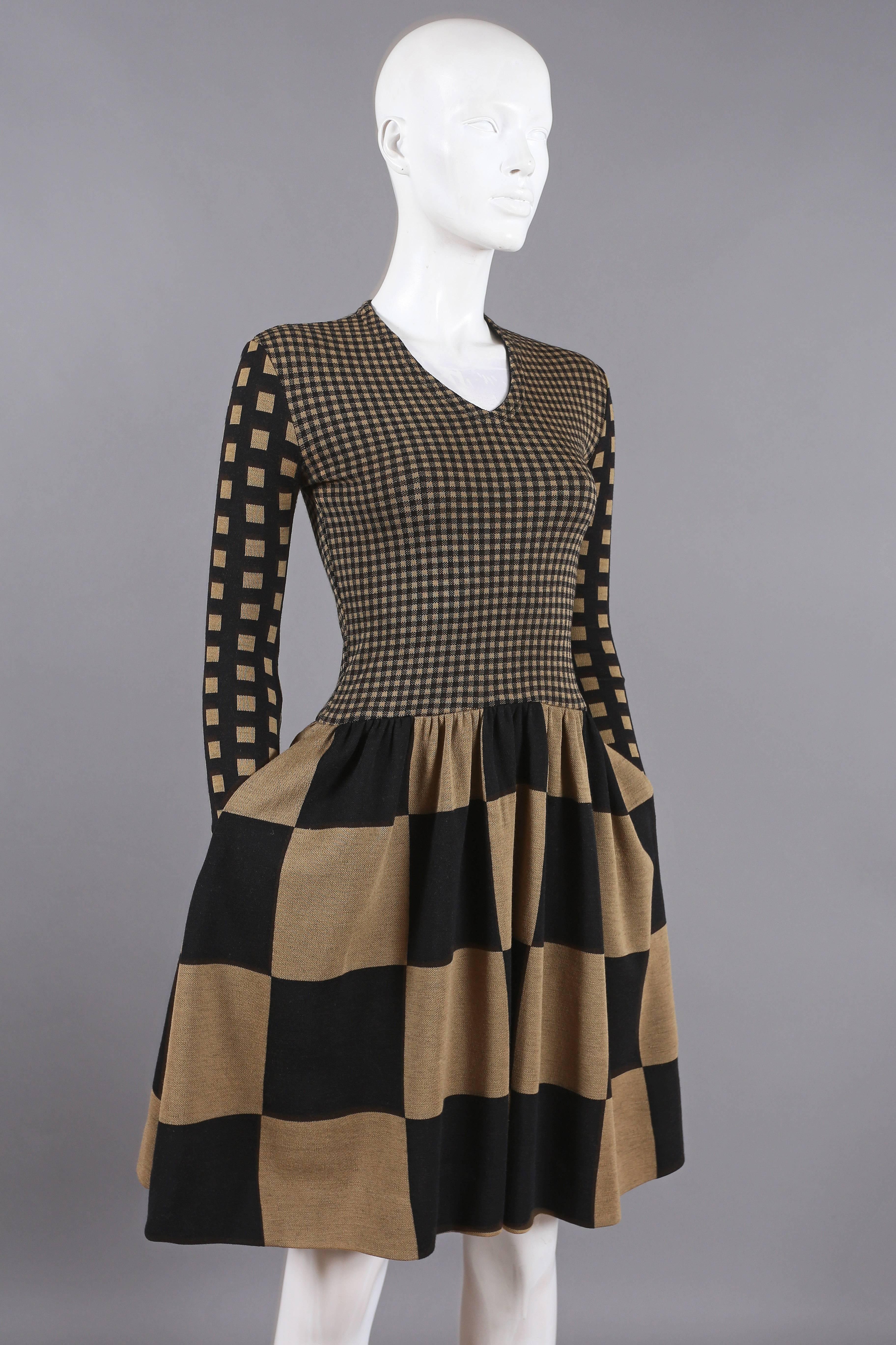 Rudi Gernreich knitted chessboard print dress, circa 1971. The dress features fitted bodice and sleeves, two side hidden pockets, pleated puff skirt and zip closure at rear. 

100% Wool

Laid flat measurments - Bust 32
