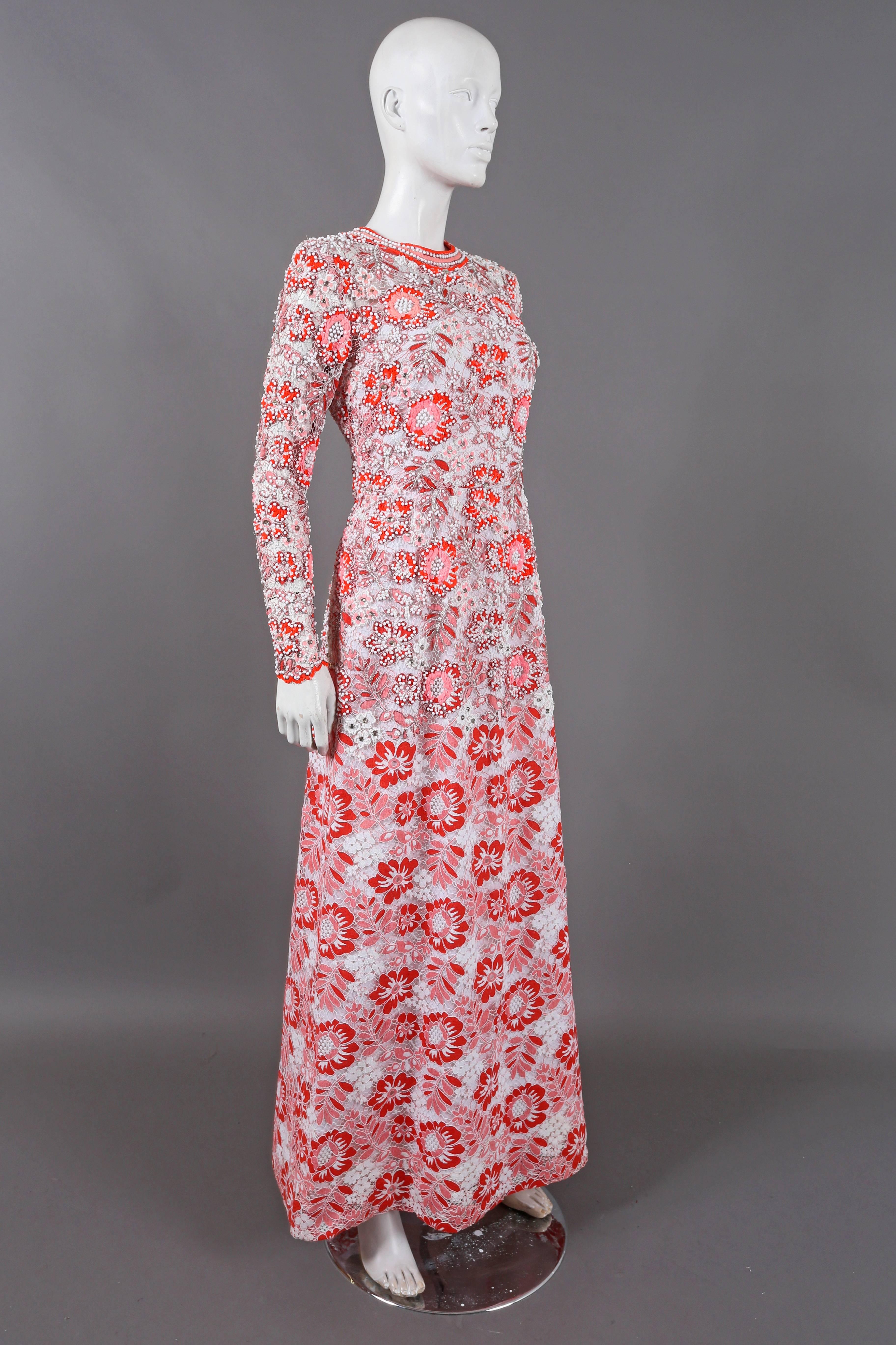 Harry Algo haute couture embellished lace coral evening dress, C. 1960s ...