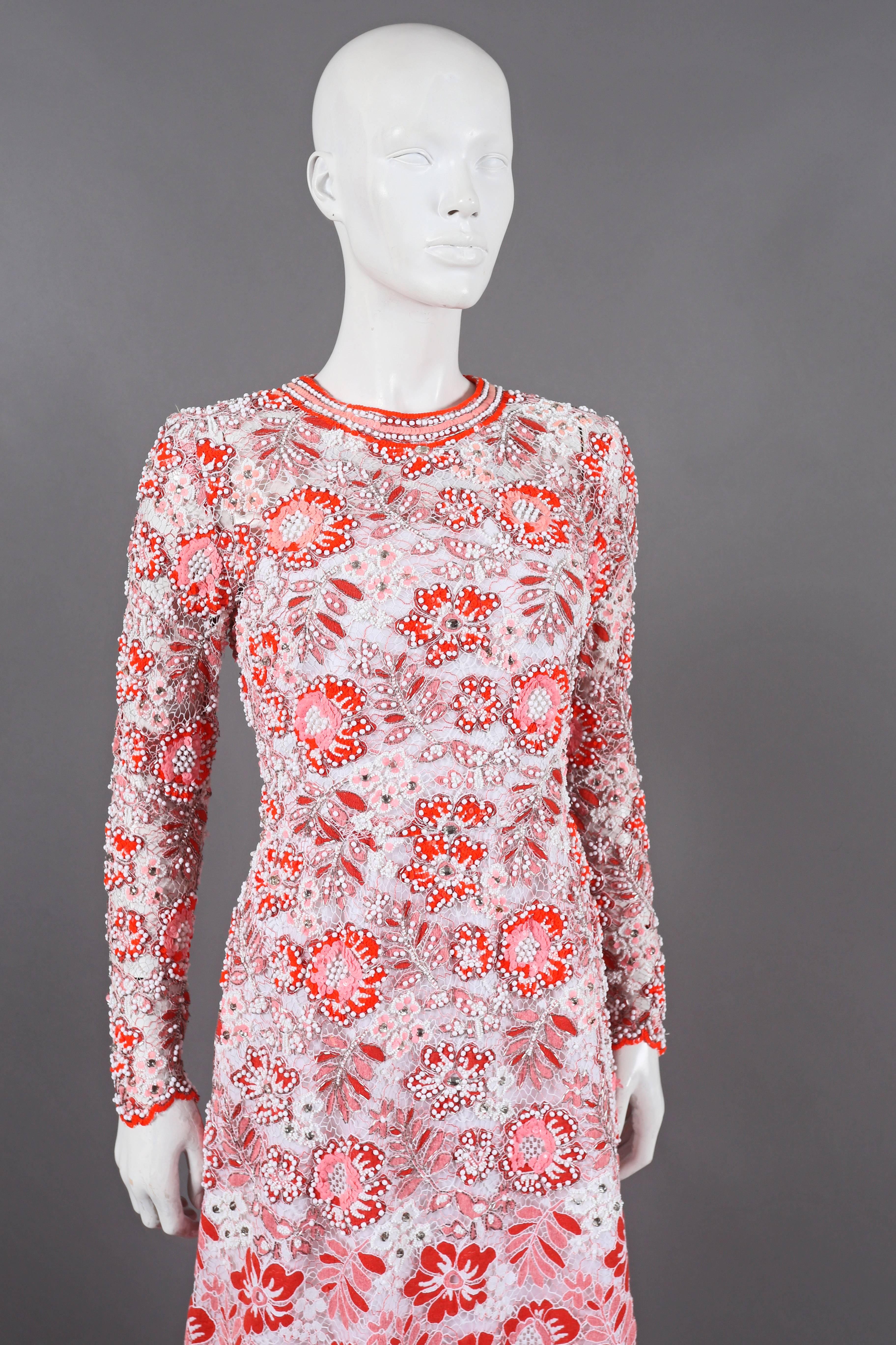 Beige Harry Algo Haute Couture embellished lace coral pink evening dress, c. 1960s