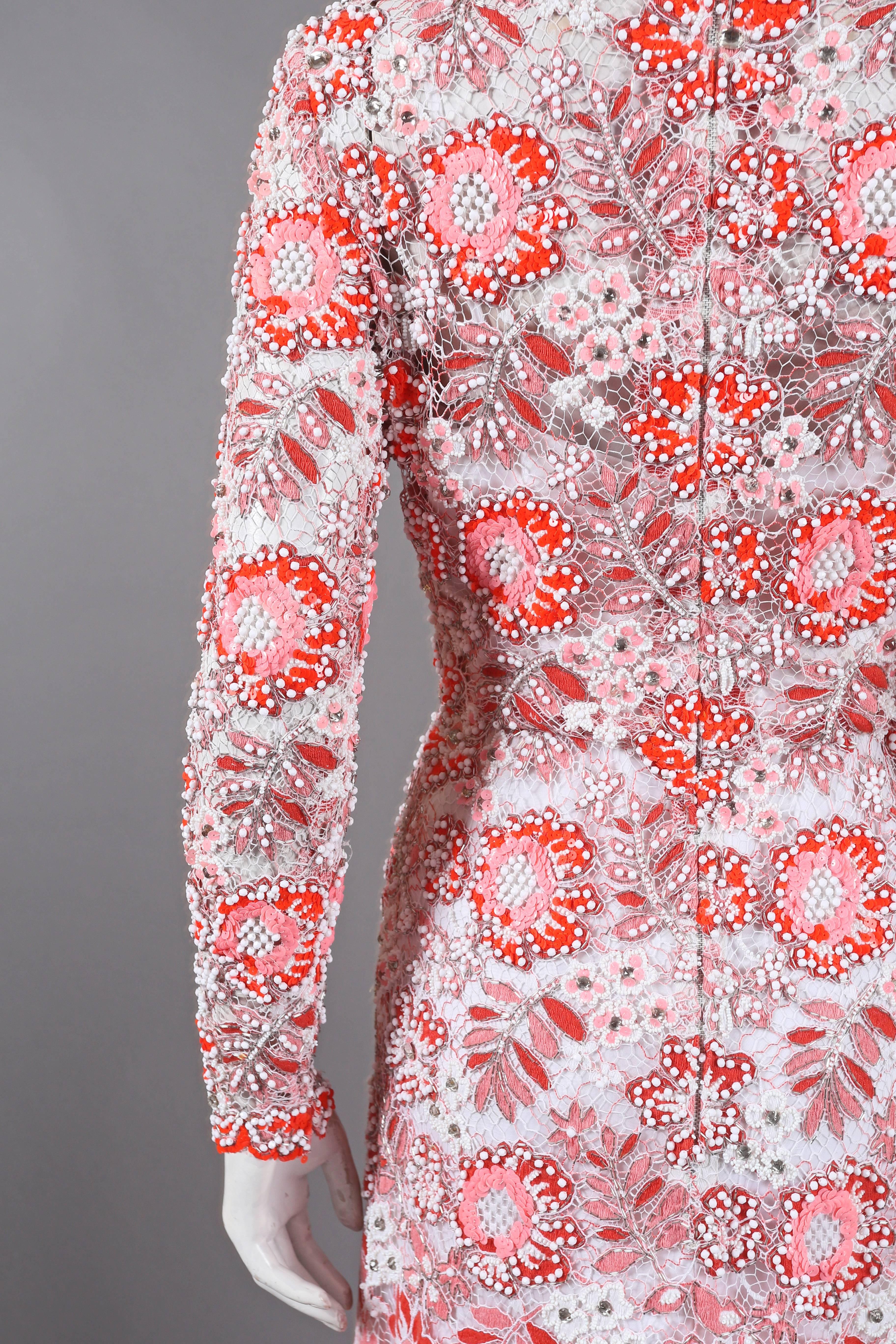Harry Algo Haute Couture embellished lace coral pink evening dress, c. 1960s In Good Condition In London, GB