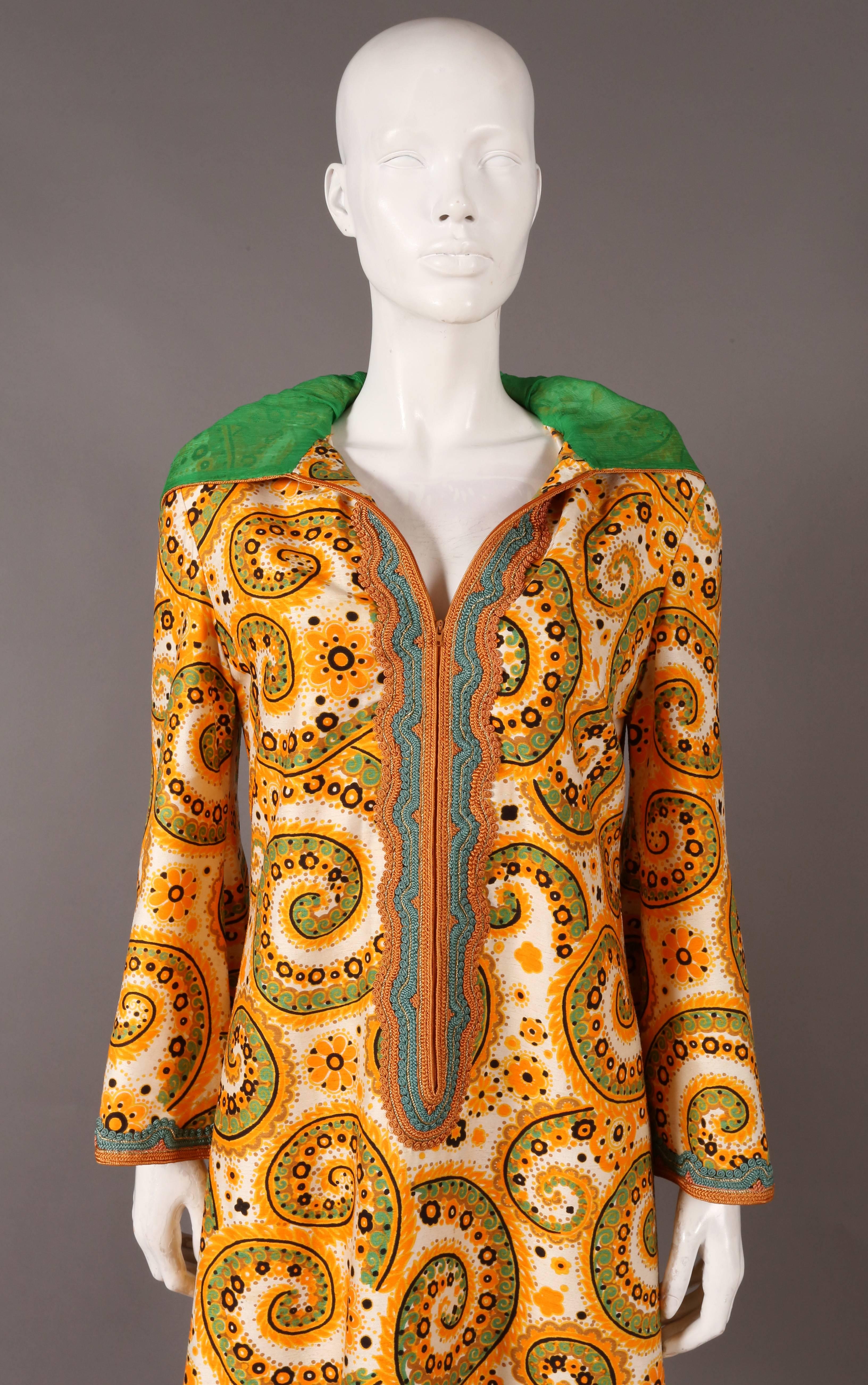 Thea Porter Couture embroidered raw silk hooded caftan c. 1970s In Good Condition In London, GB