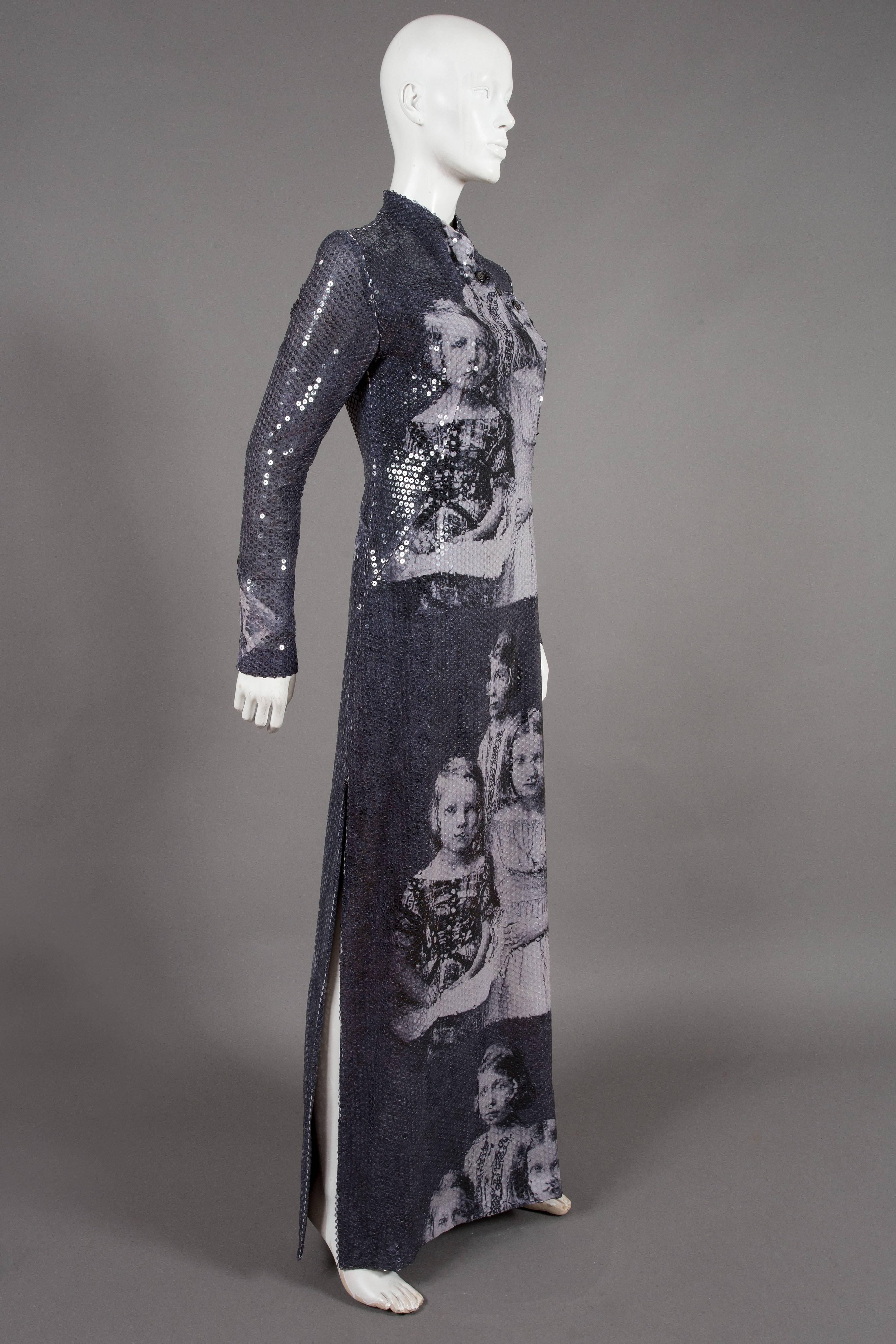Highly rare and important Alexander McQueen cheongsam-style evening dress, 'Joan' collection autumn/winter 1998. 

The dress is cut in a cheongsam-style with diagonal bodice button opening and side slits to the skirt. The dress is fully sequinned