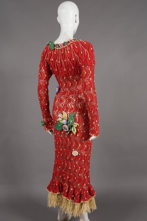 Vivienne Westwood runway rafia knitted dress with floral appliqués, C ...
