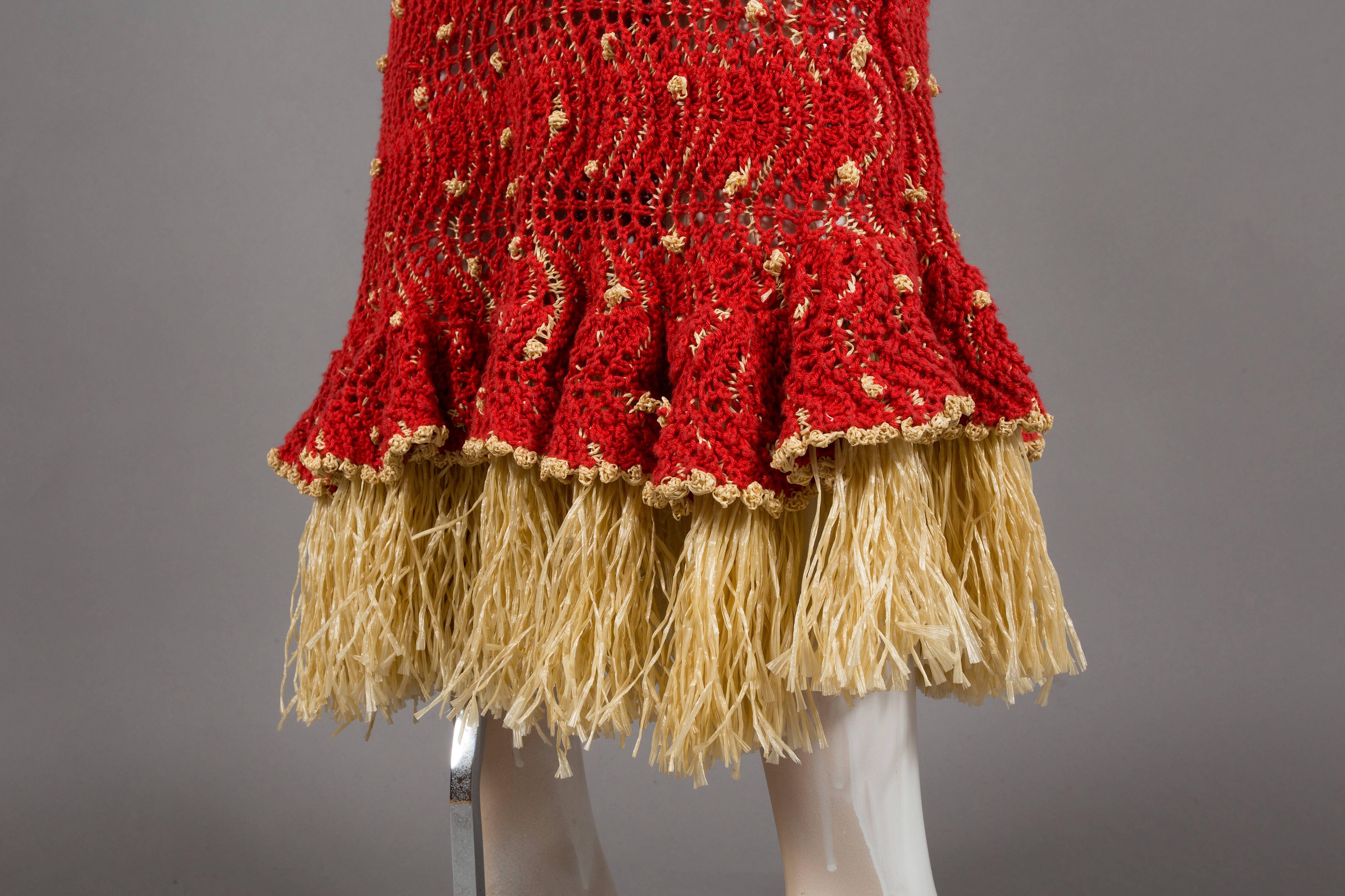 Women's Vivienne Westwood runway rafia knitted dress with floral appliqués, C. 1995