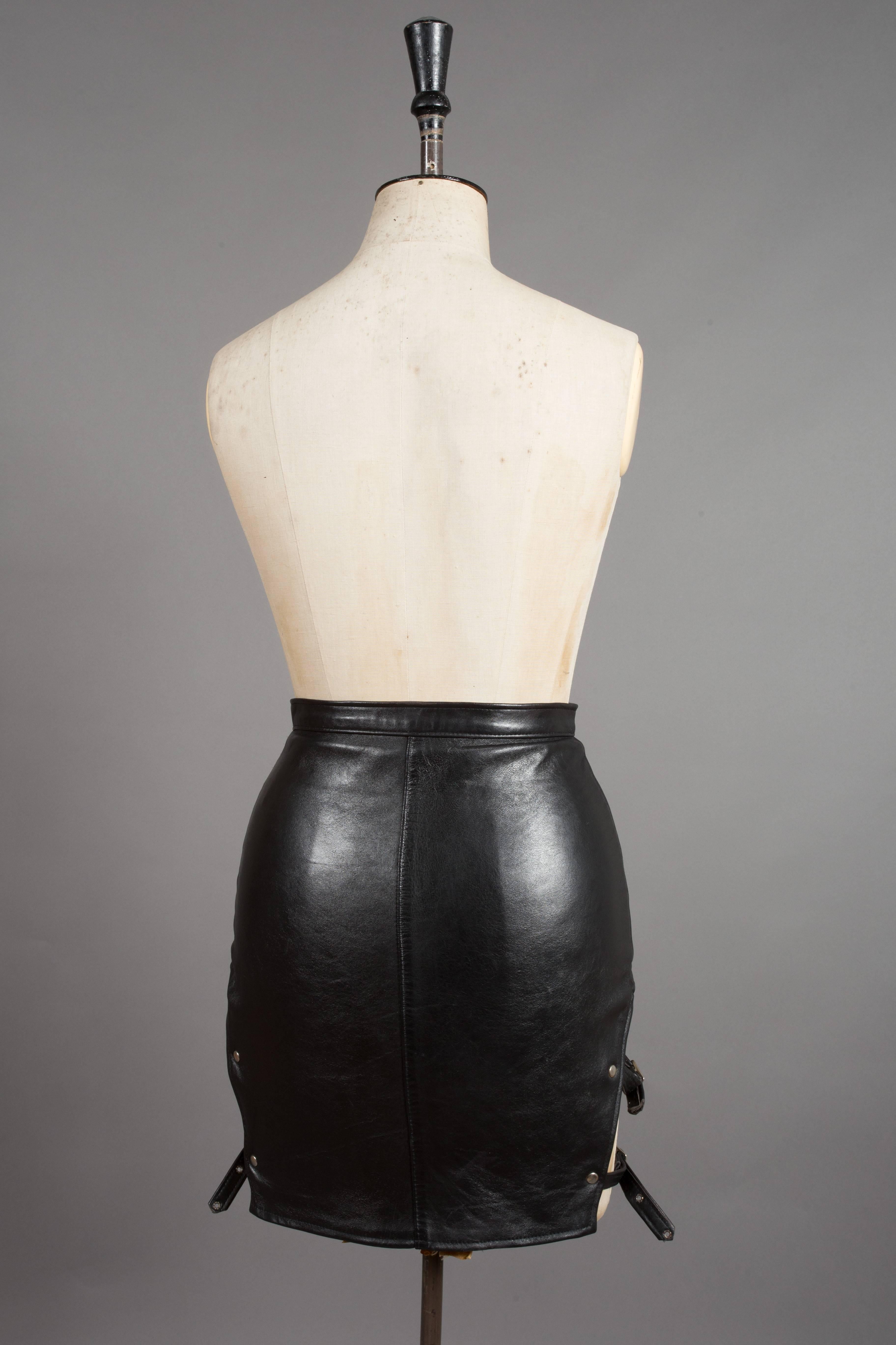 Black Original punk leather mink skirt with side cut outs, c. 1970
