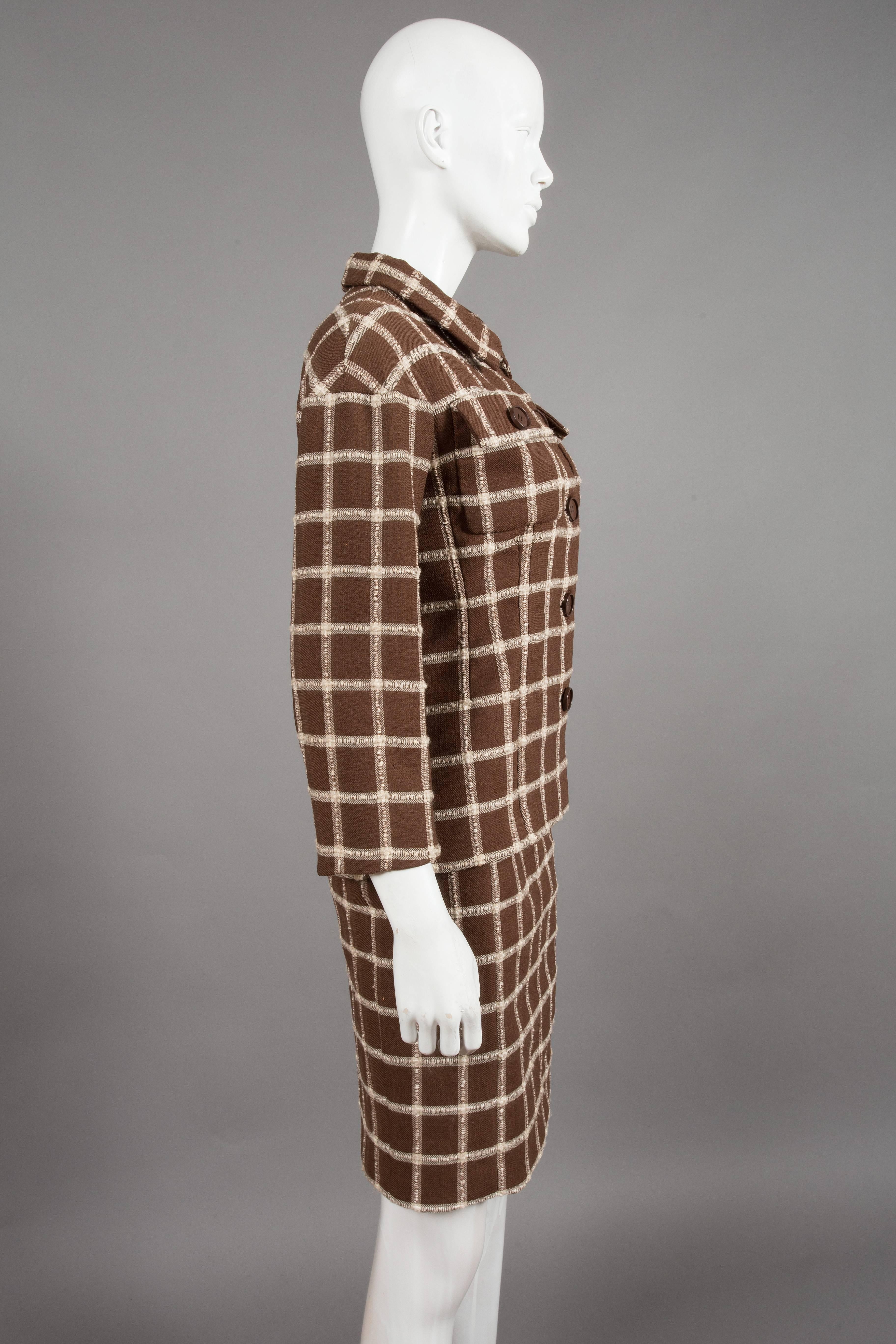 Brown Balenciaga Eisa couture flecked brown and cream checked tweed suit, C. 1965