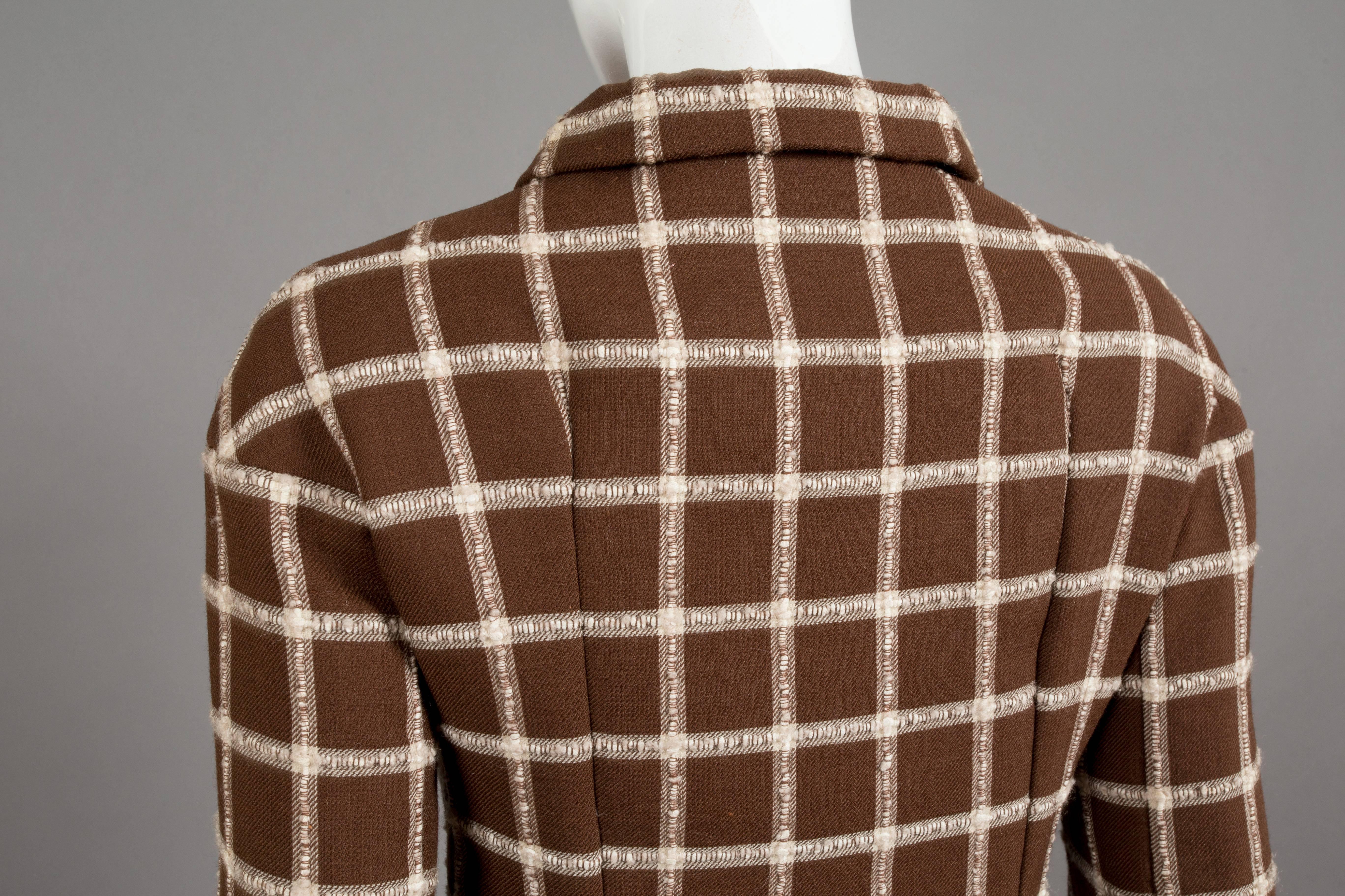 Women's Balenciaga Eisa couture flecked brown and cream checked tweed suit, C. 1965