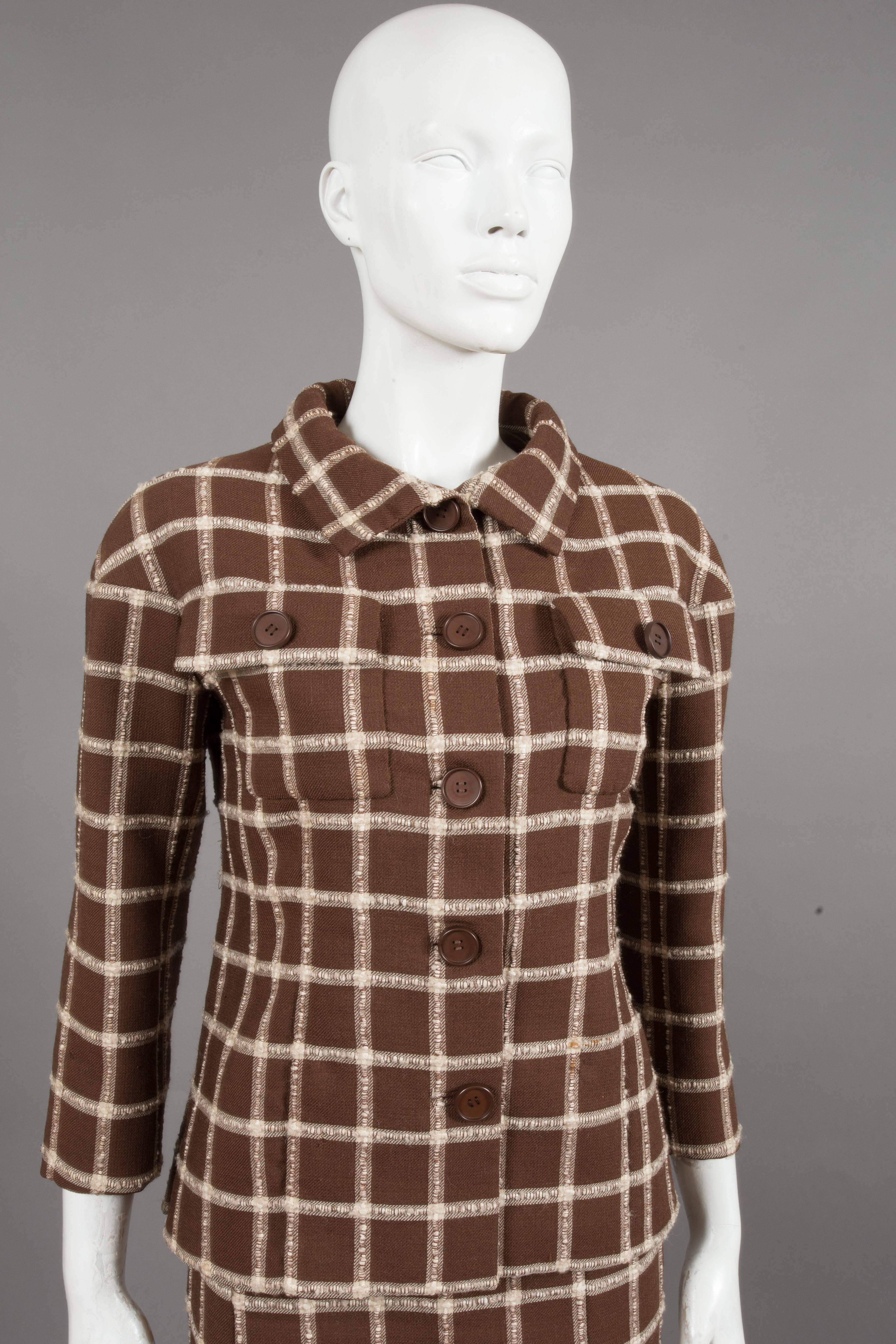 Balenciaga Eisa couture flecked brown and cream checked tweed suit, C. 1965 1
