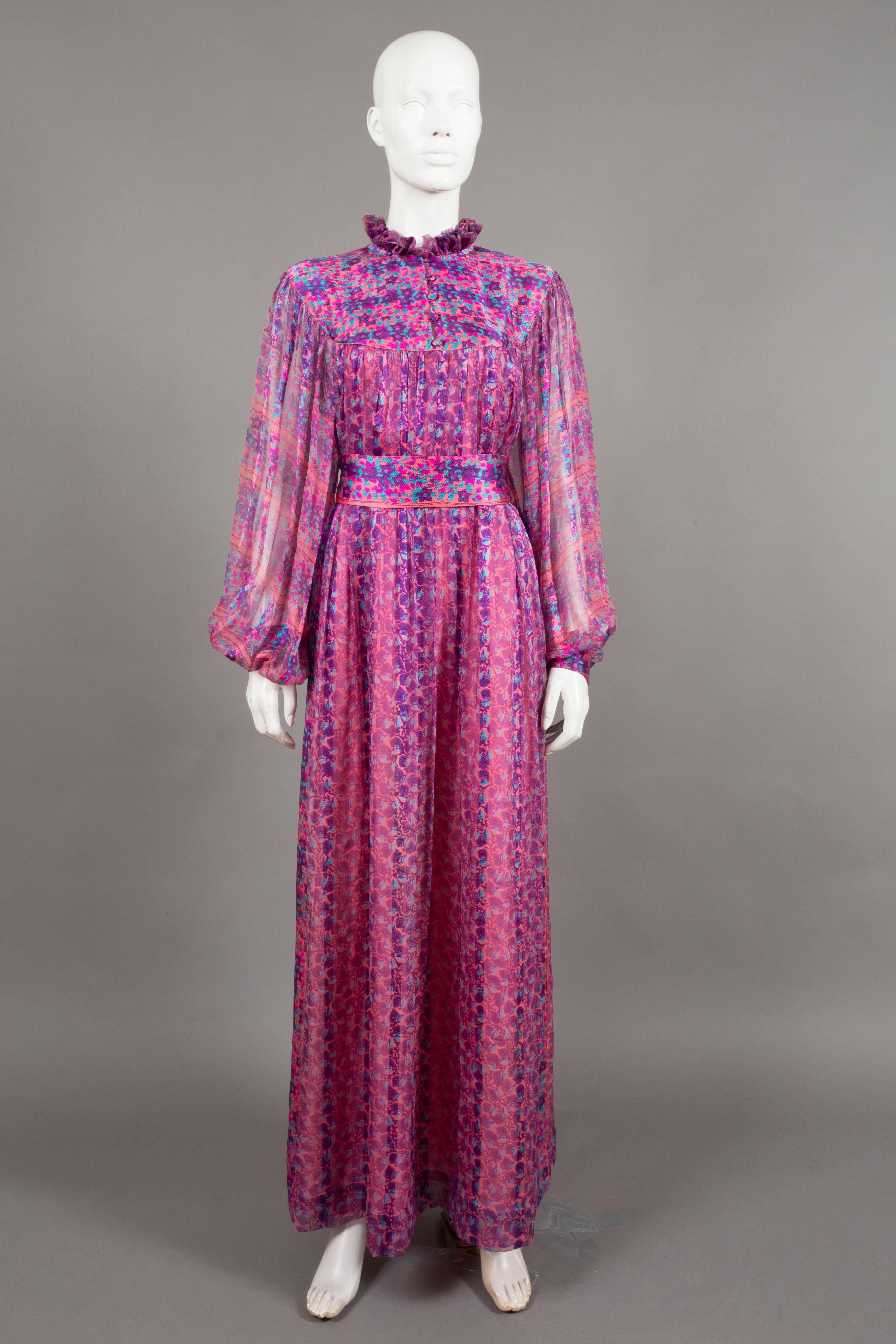 Thea Porter pink floral silk chiffon evening dress, C. 1970 In Excellent Condition In London, GB