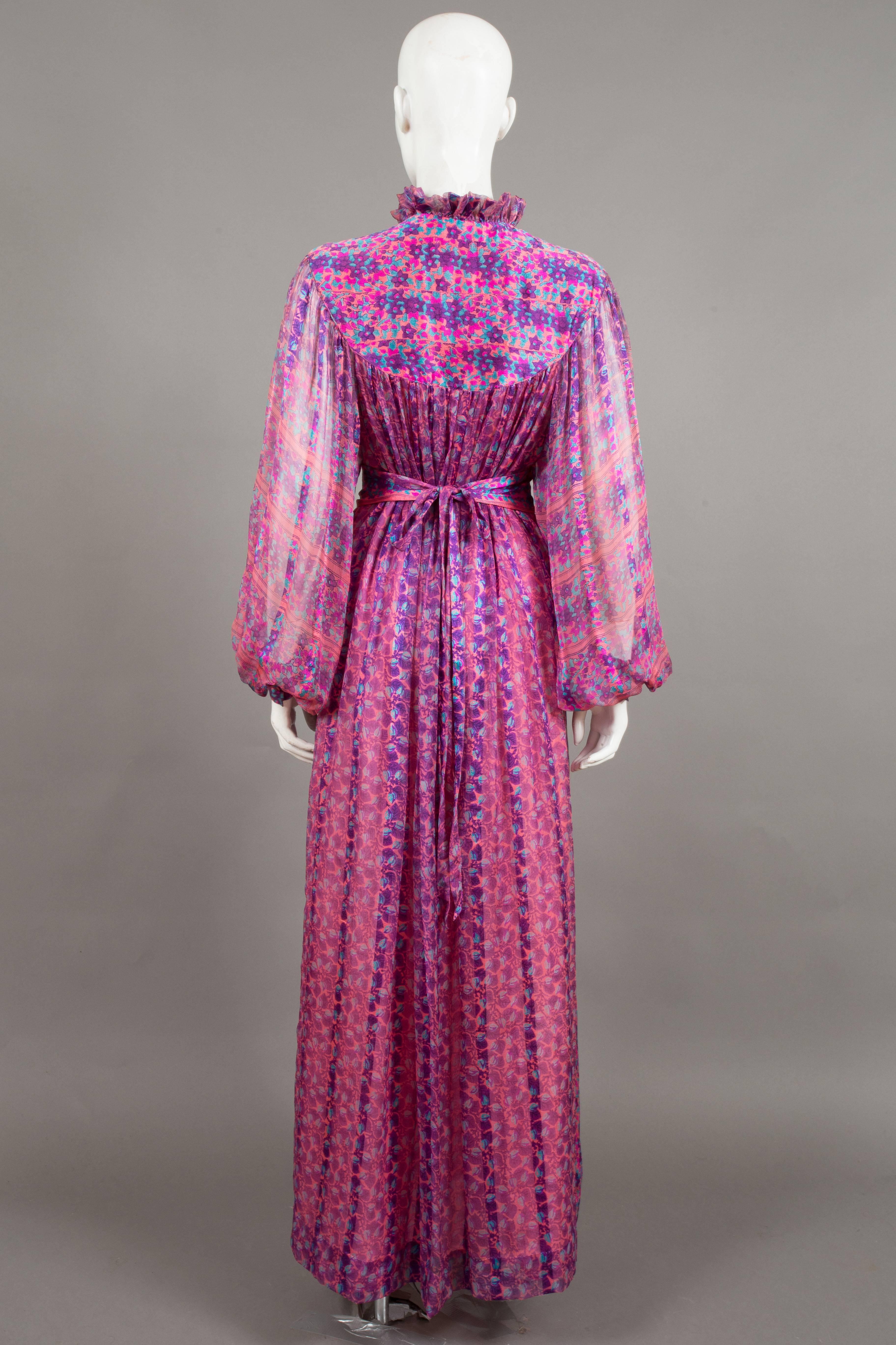 Pink Thea Porter pink floral silk chiffon evening dress, C. 1970