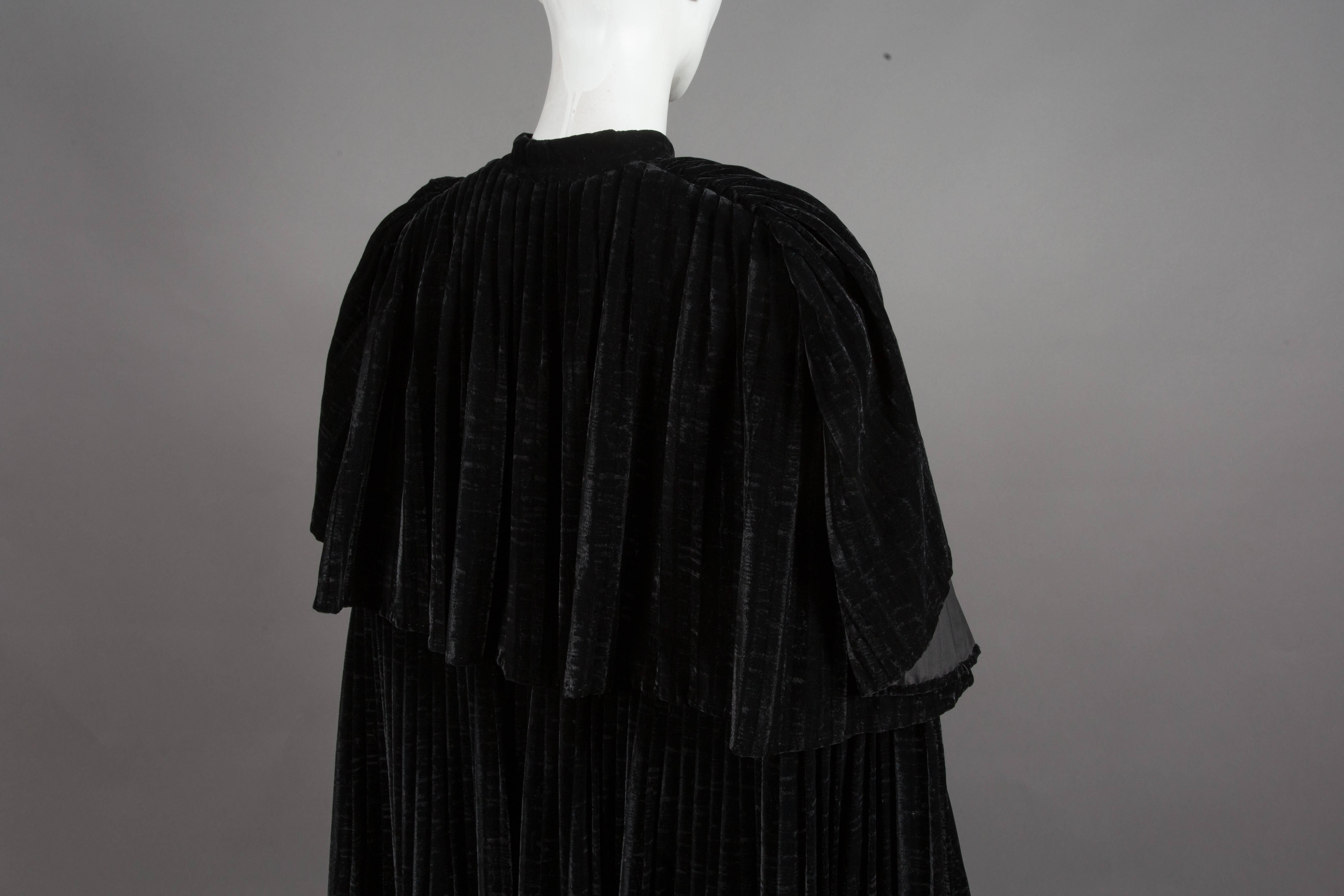 Thea Porter Pleated Black Silk-Velvet Tiered Evening Cape Coat, C. 1970 1