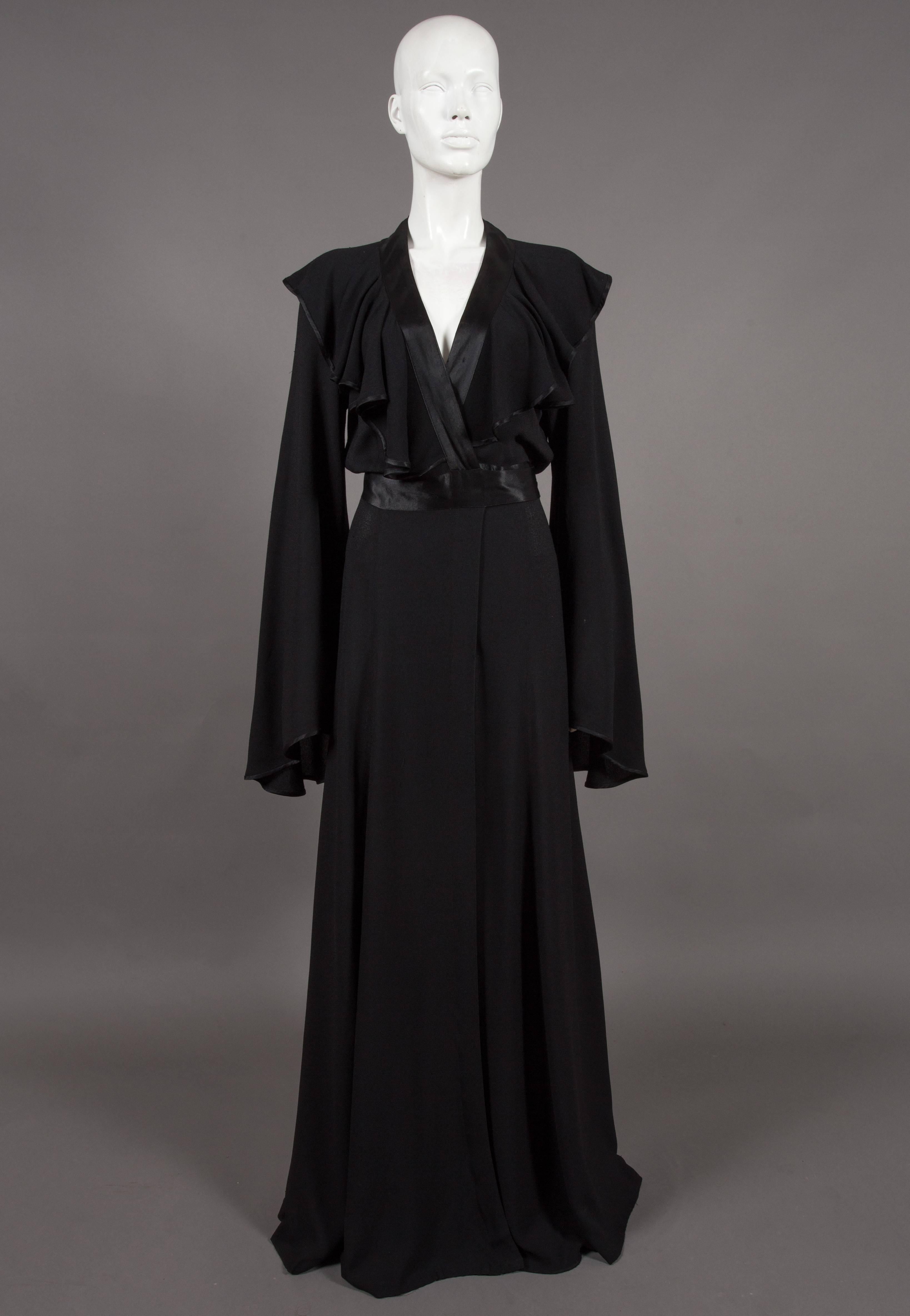 Ossie Clark couture black moss crêpe wrap around evening dress, c. 1970 1