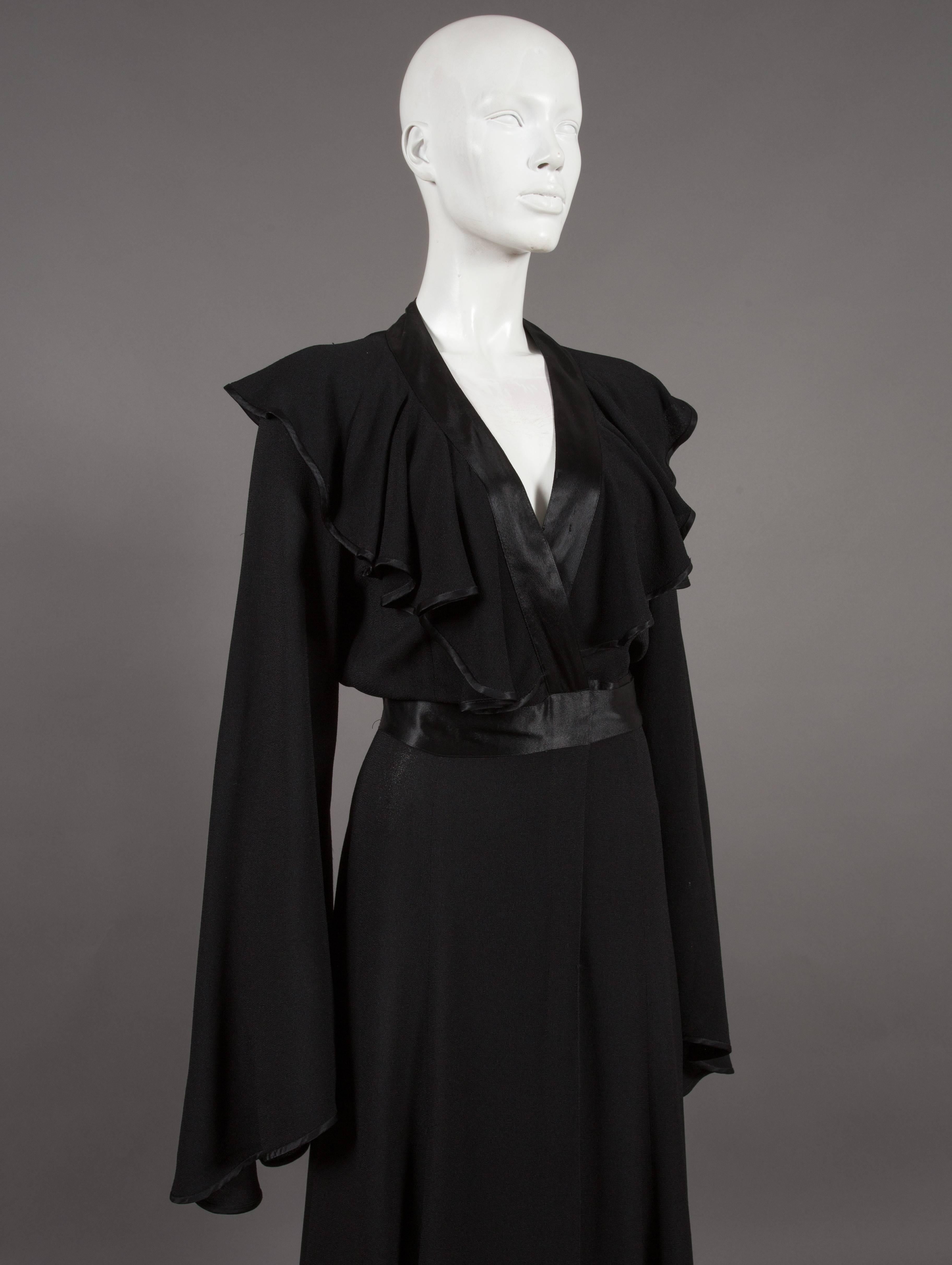 Black Ossie Clark couture black moss crêpe wrap around evening dress, c. 1970
