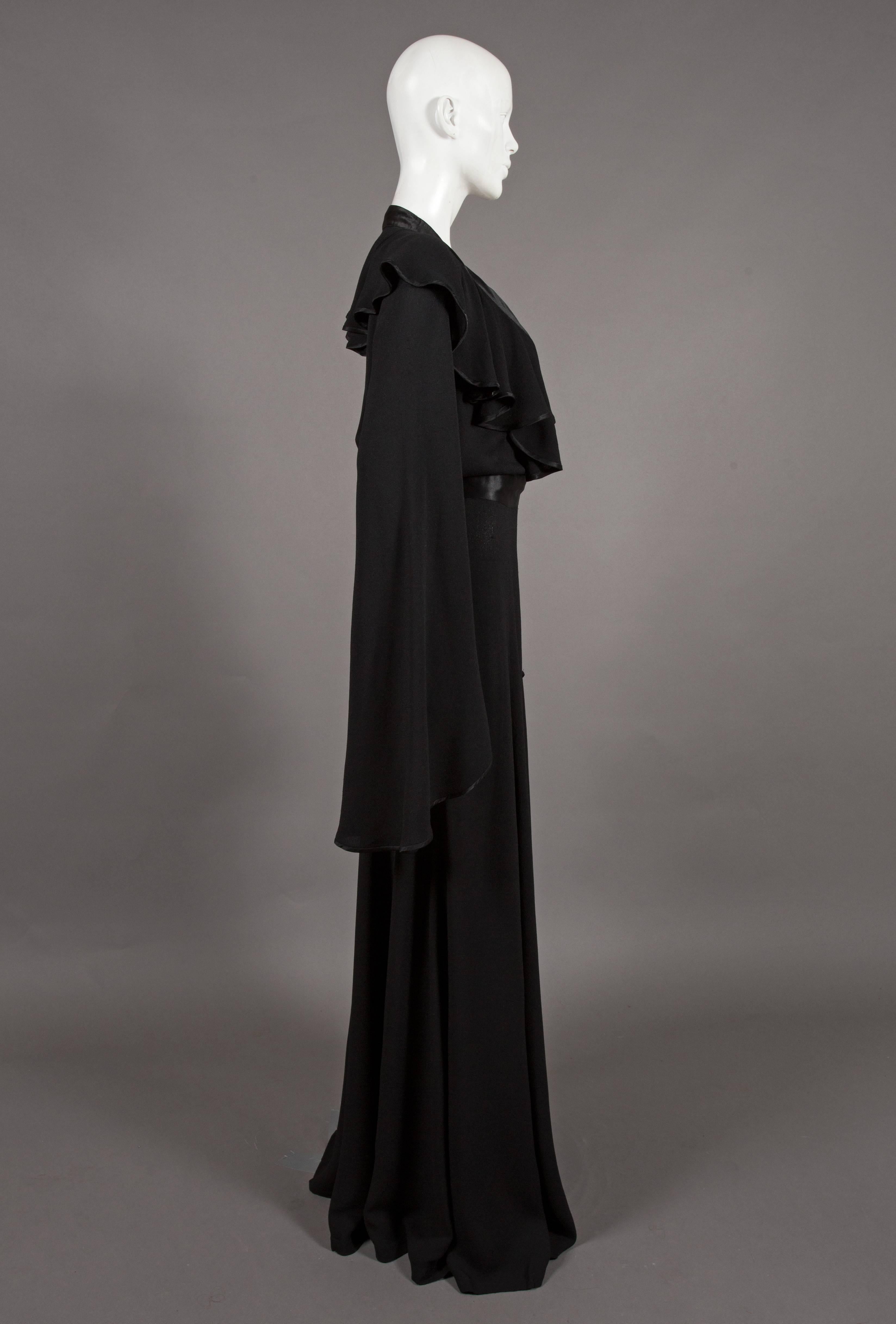 Ossie Clark couture black moss crêpe wrap around evening dress, c. 1970 In Good Condition In London, GB