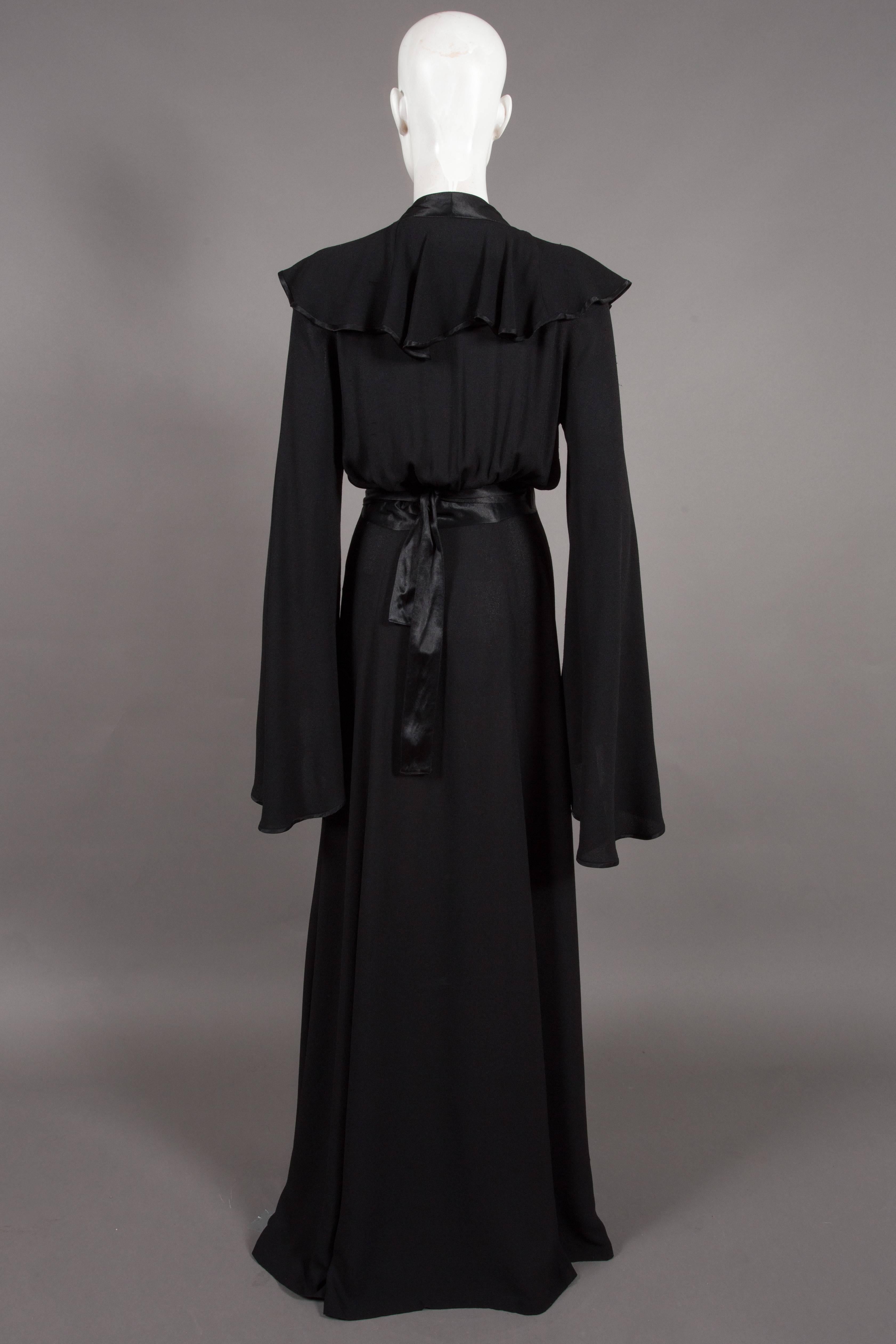 Women's Ossie Clark couture black moss crêpe wrap around evening dress, c. 1970